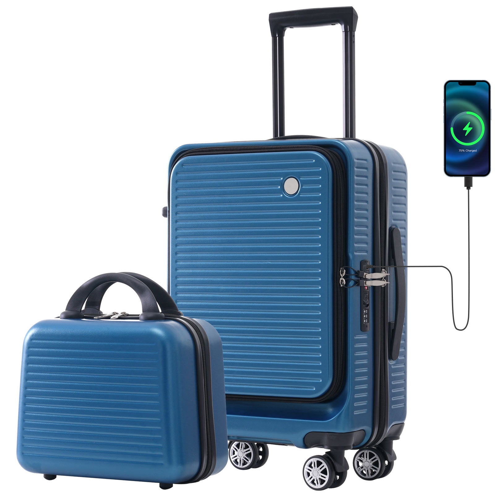 Carry On Luggage 20 Inch Front Open Luggage Lightweight Suitcase With Front Pocket And Usb Port, 1 Portable Carrying Case Peacock Blue Abs