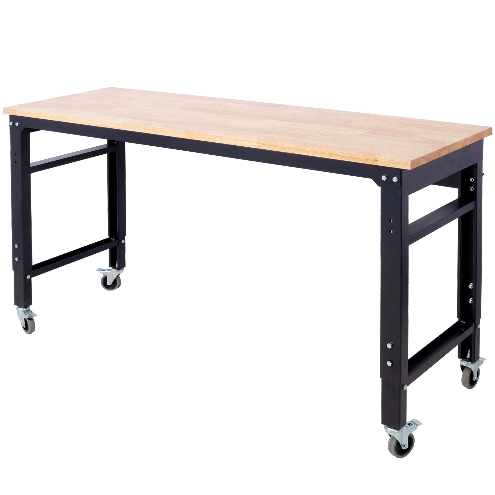 Workbench 60" Wide Rolling Workbenches For Garage Adjustable Height, Workshop Tool Bench, Metal With Rubber Wood Top Black Steel