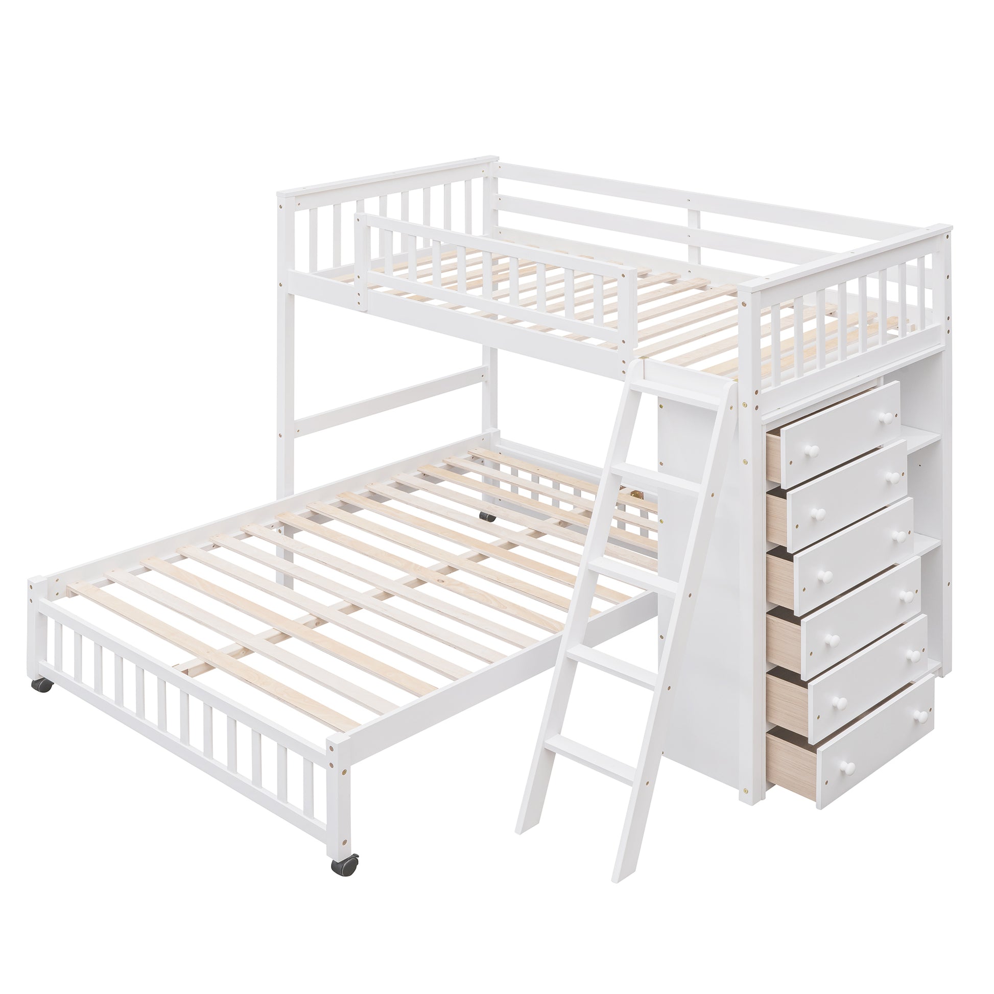 Wooden Twin Over Full Bunk Bed With Six Drawers And Flexible Shelves,Bottom Bed With Wheels,White Old Sku:Lp000531Aak White Solid Wood