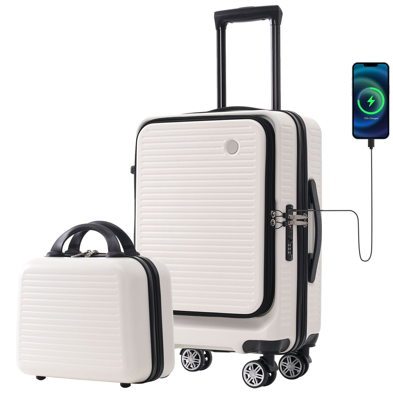 Carry On Luggage 20 Inch Front Open Luggage Lightweight Suitcase With Front Pocket And Usb Port, 1 Portable Carrying Case White Abs