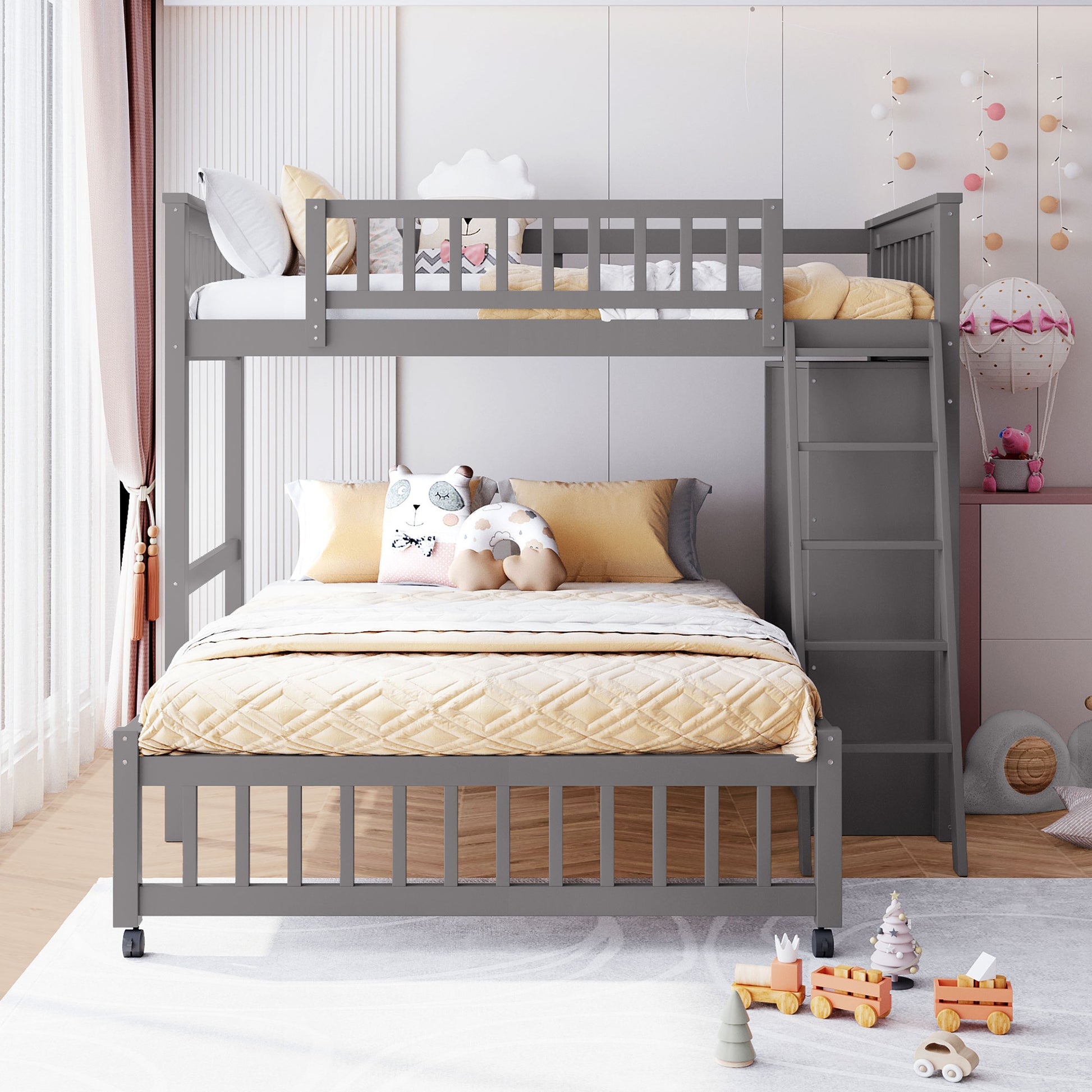 Wooden Twin Over Full Bunk Bed With Six Drawers And Flexible Shelves,Bottom Bed With Wheels,Gray Old Sku:Lp000531Aae Gray Solid Wood