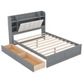 Wood Queen Size Platform Bed With Storage Headboard, Shelves And 2 Drawers, Gray Box Spring Not Required Queen Gray Wood Bedroom Bed Frame Solid Wood Mdf