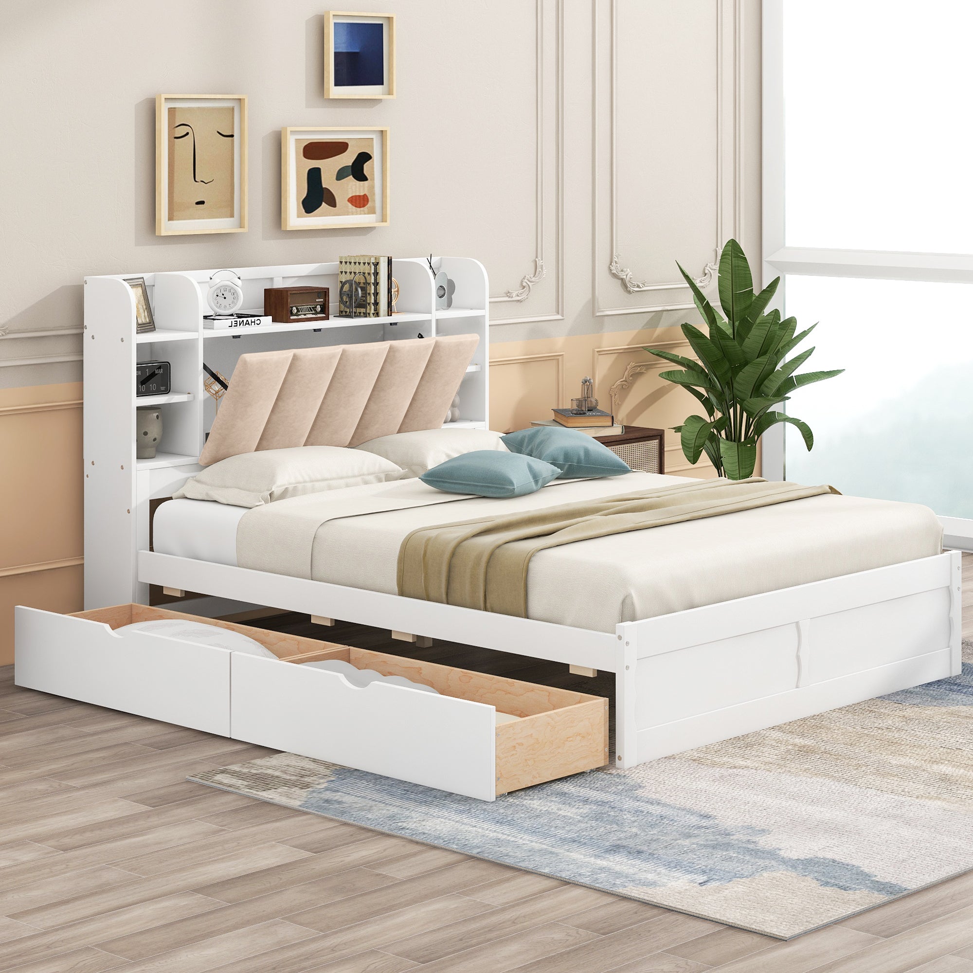 Wood Queen Size Platform Bed With Storage Headboard, Shelves And 2 Drawers, White Box Spring Not Required Queen White Wood Bedroom Bed Frame Solid Wood Mdf