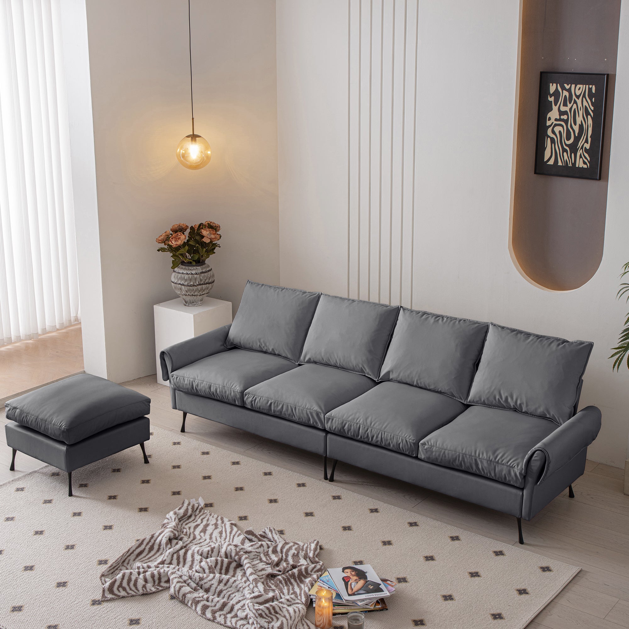 104.5"Modern Sectional Technical Leather L Shaped Sofa Couch With Convertible Ottoman Dark Grey Foam Technical Leather