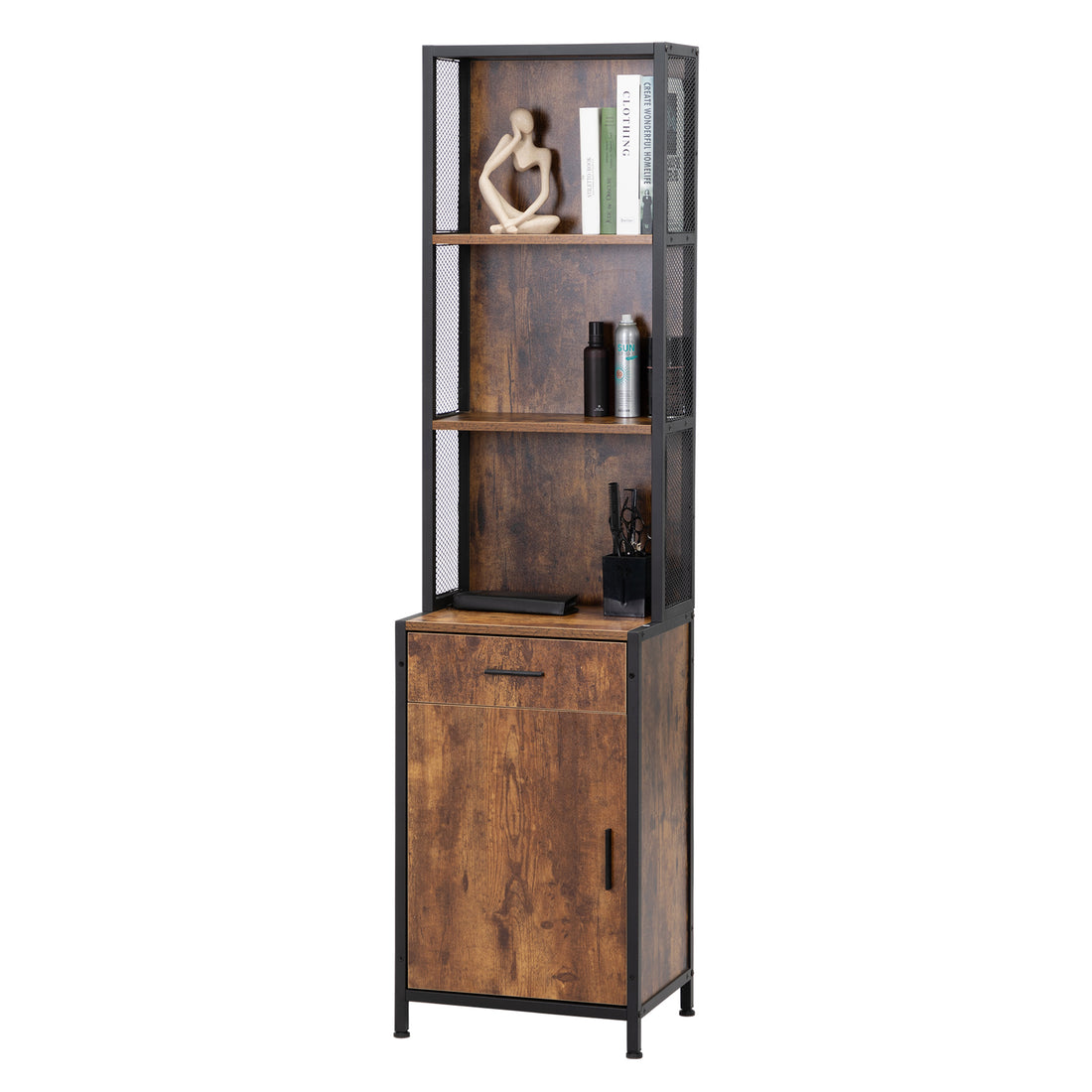 Salon Station For Hair Stylist, Barber Equipment With Drawer, Cabinet And Shelves, Vintage Brown Brown Mdf