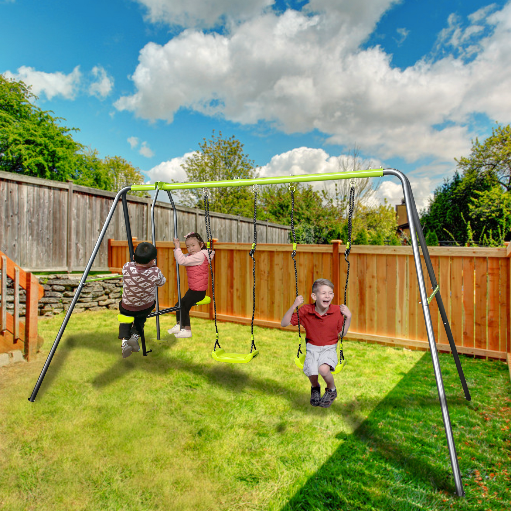 Xns081 Lime Green Interesting Swingset With Plastic Safe Swing Set 440Lbs For Outdoor Playground For Age 3 With Face To Face Without Tee Lime Green Steel