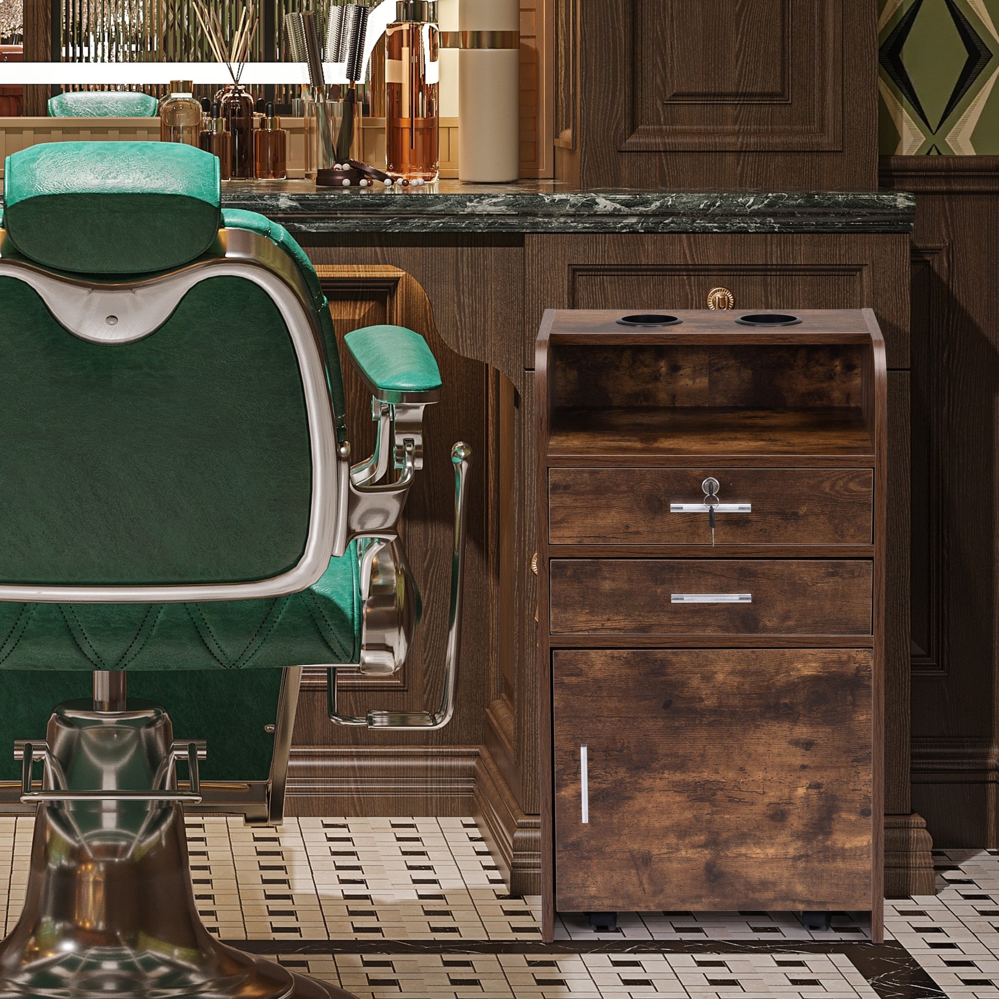 Salon Station, Hair Styling Station With Drawers, Cabinet And Hair Dryer Holders, Rustic Brown Brown Wood