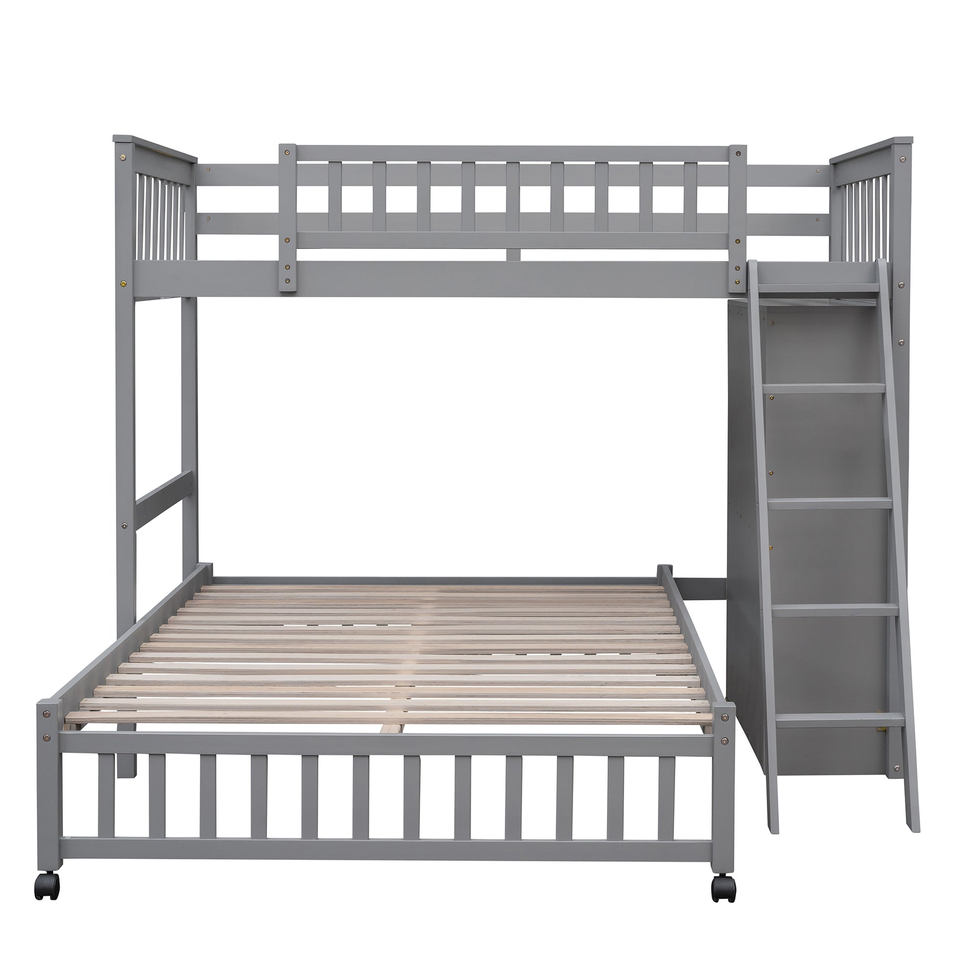 Wooden Twin Over Full Bunk Bed With Six Drawers And Flexible Shelves,Bottom Bed With Wheels,Gray Old Sku:Lp000531Aae Gray Solid Wood