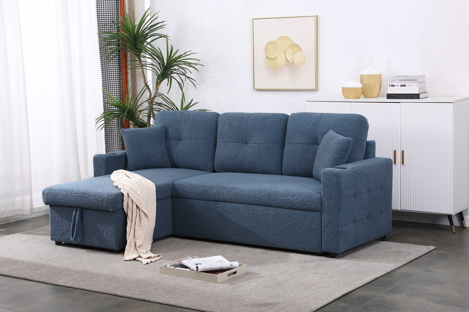 Lambswool Pull Out Sleeper Sectional Sofa With Storage Chaise Green Wood Medium Firm Cushion Back Contemporary L Shaped Square Arms Foam Wool