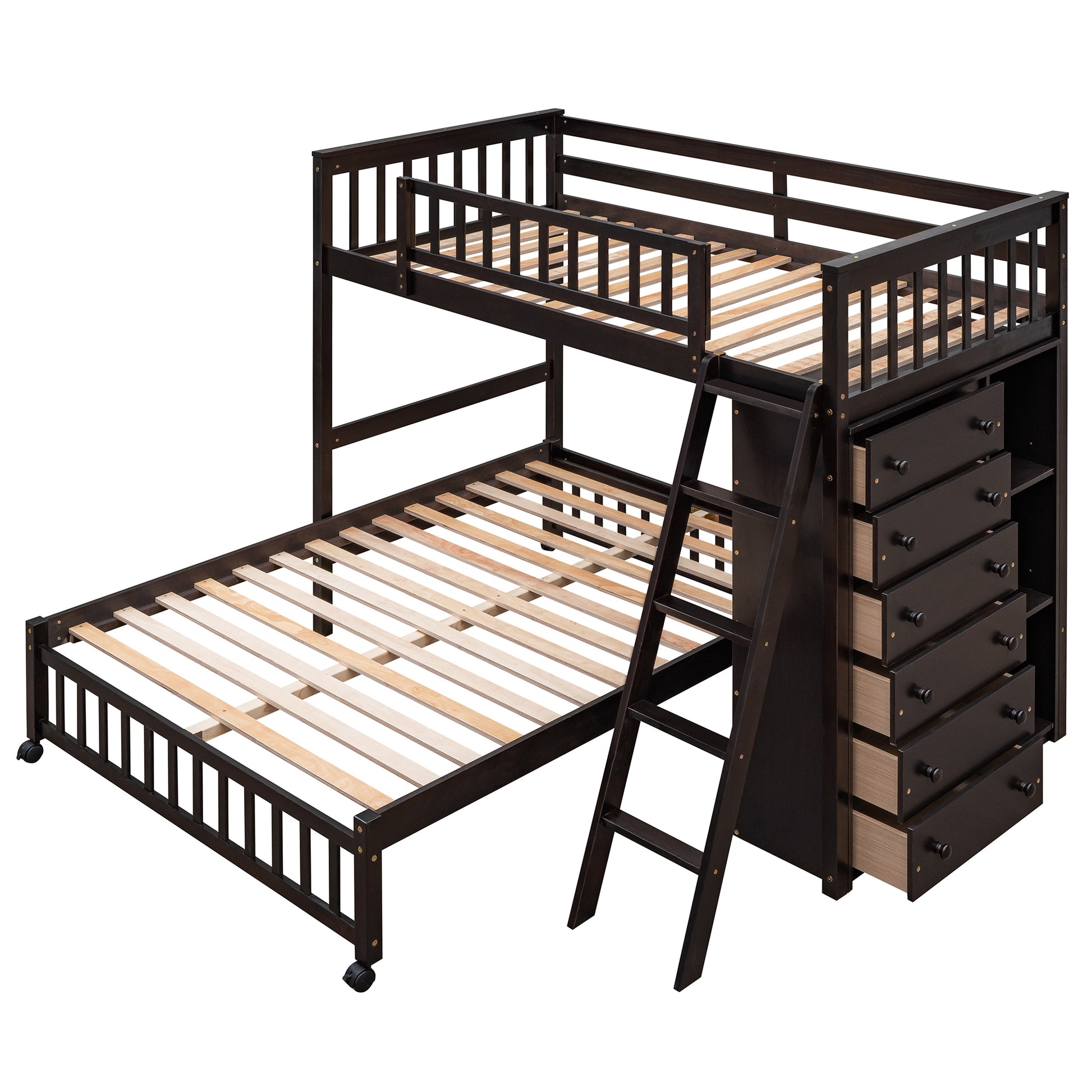 Wooden Twin Over Full Bunk Bed With Six Drawers And Flexible Shelves,Bottom Bed With Wheels,Espresso Old Sku:Lp000531Aap Espresso Solid Wood