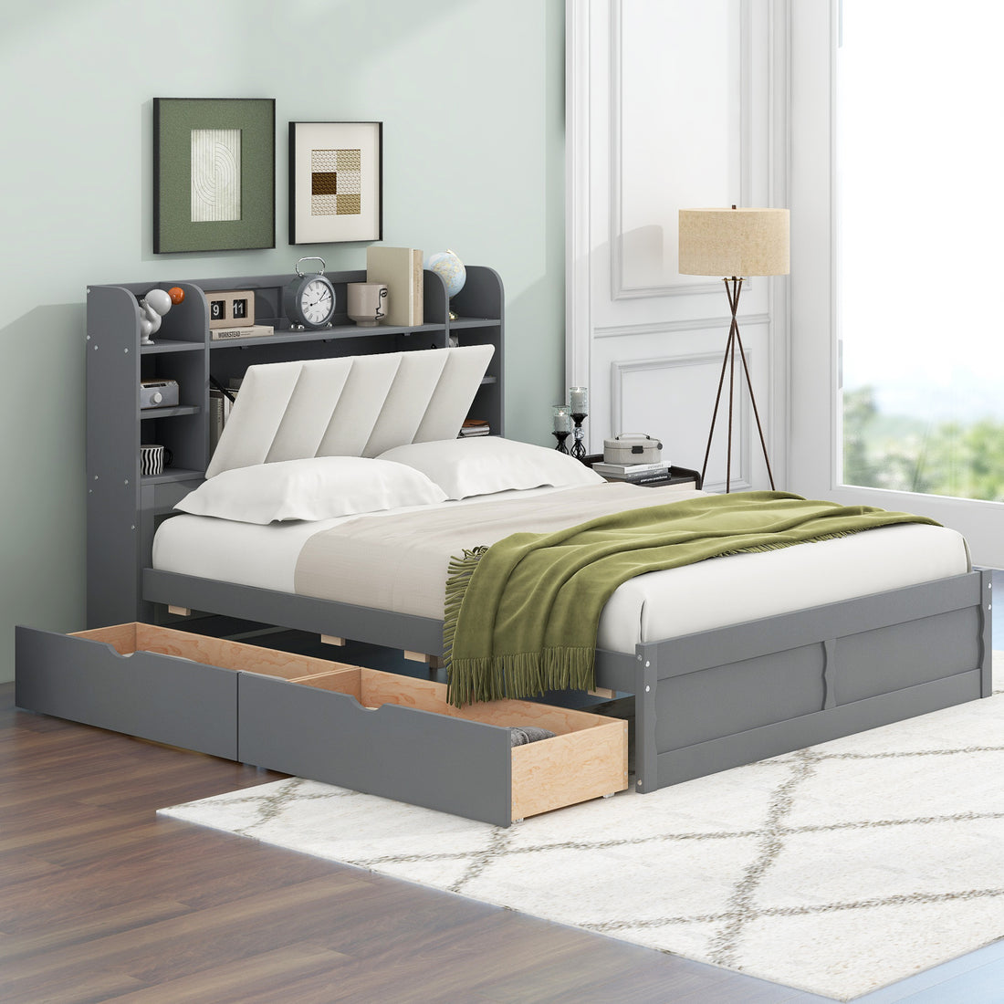 Wood Queen Size Platform Bed With Storage Headboard, Shelves And 2 Drawers, Gray Box Spring Not Required Queen Gray Wood Bedroom Bed Frame Solid Wood Mdf