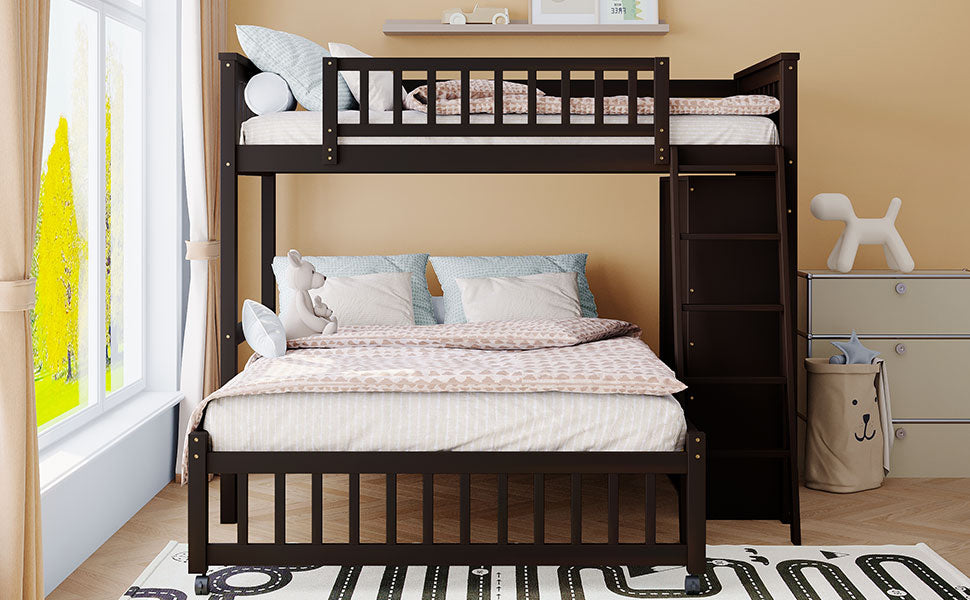 Wooden Twin Over Full Bunk Bed With Six Drawers And Flexible Shelves,Bottom Bed With Wheels,Espresso Old Sku:Lp000531Aap Espresso Solid Wood