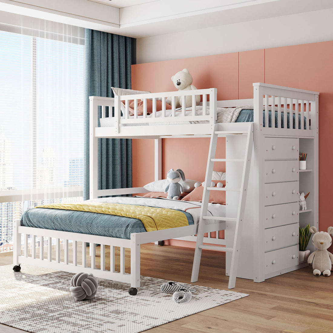 Wooden Twin Over Full Bunk Bed With Six Drawers And Flexible Shelves,Bottom Bed With Wheels,White Old Sku:Lp000531Aak White Solid Wood