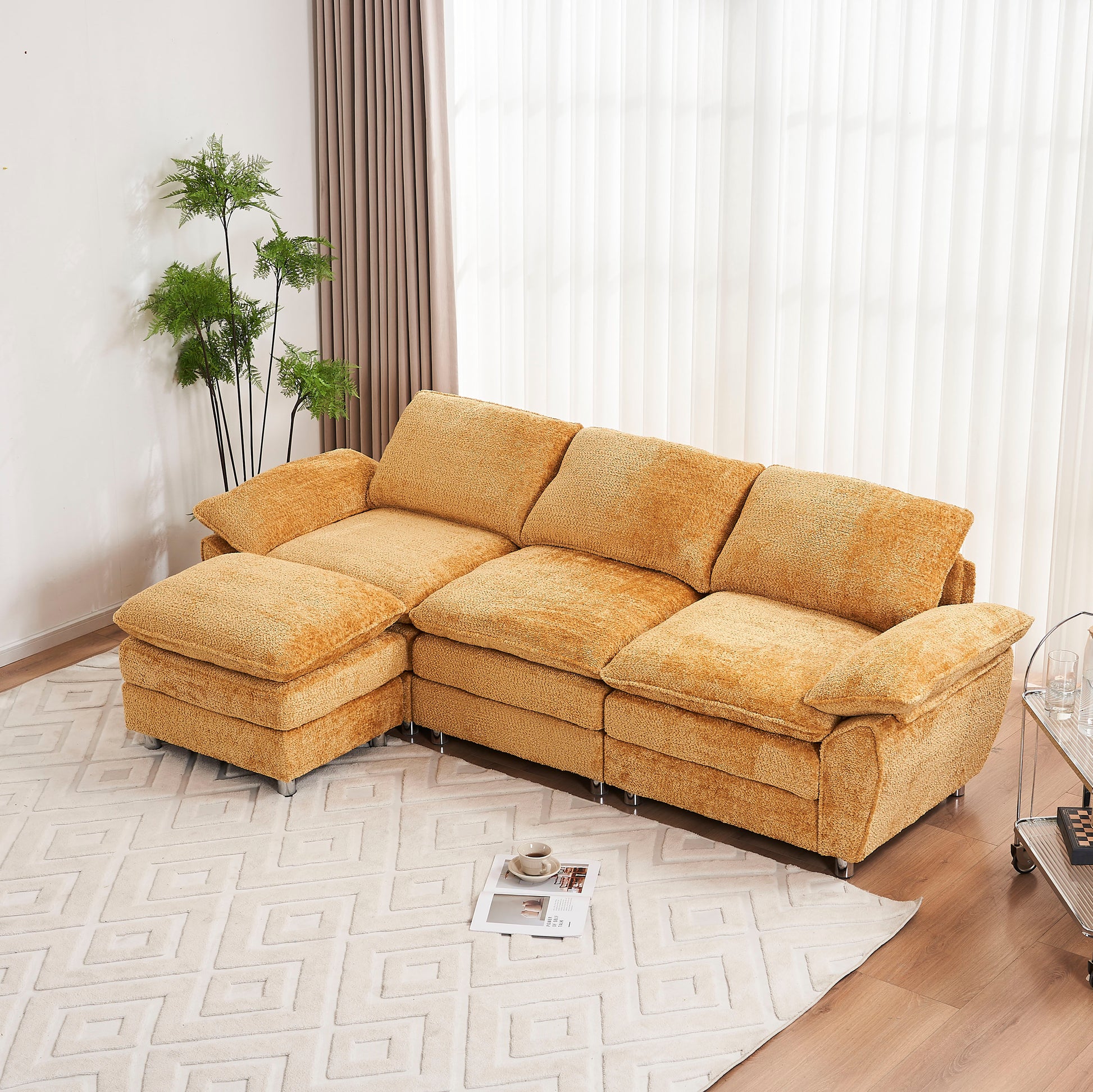Modern Deep 3 Seat Sofa Couch With Ottoman, Polyester Sofa Sleeper Comfy Upholstered Furniture For Living Room, Apartment, Studio, Office,Yellow Yellow Polyester 3 Seat