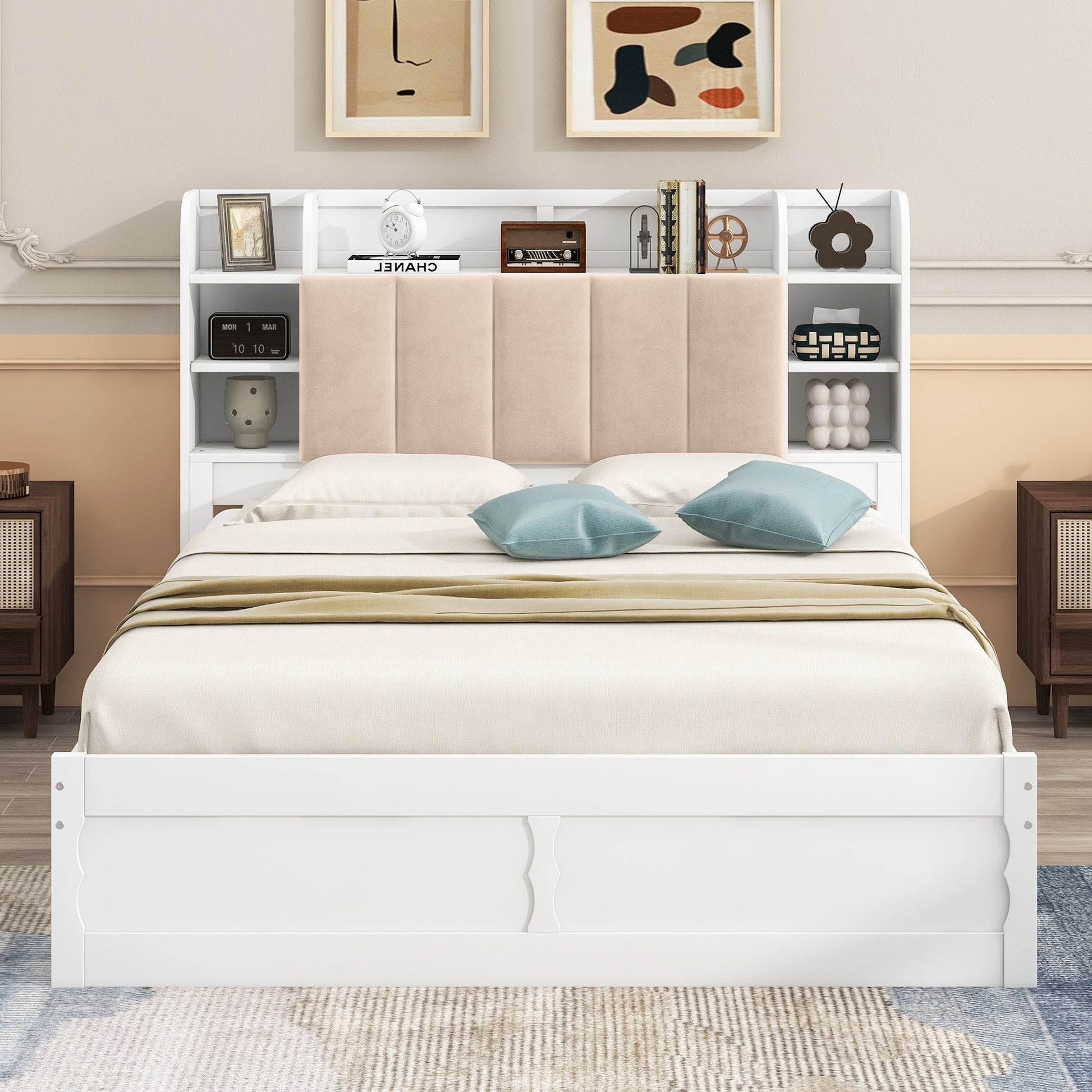 Wood Queen Size Platform Bed With Storage Headboard, Shelves And 2 Drawers, White Box Spring Not Required Queen White Wood Bedroom Bed Frame Solid Wood Mdf