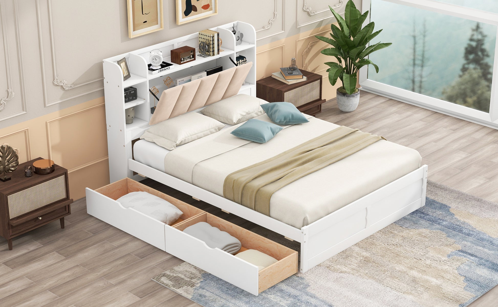 Wood Queen Size Platform Bed With Storage Headboard, Shelves And 2 Drawers, White Box Spring Not Required Queen White Wood Bedroom Bed Frame Solid Wood Mdf