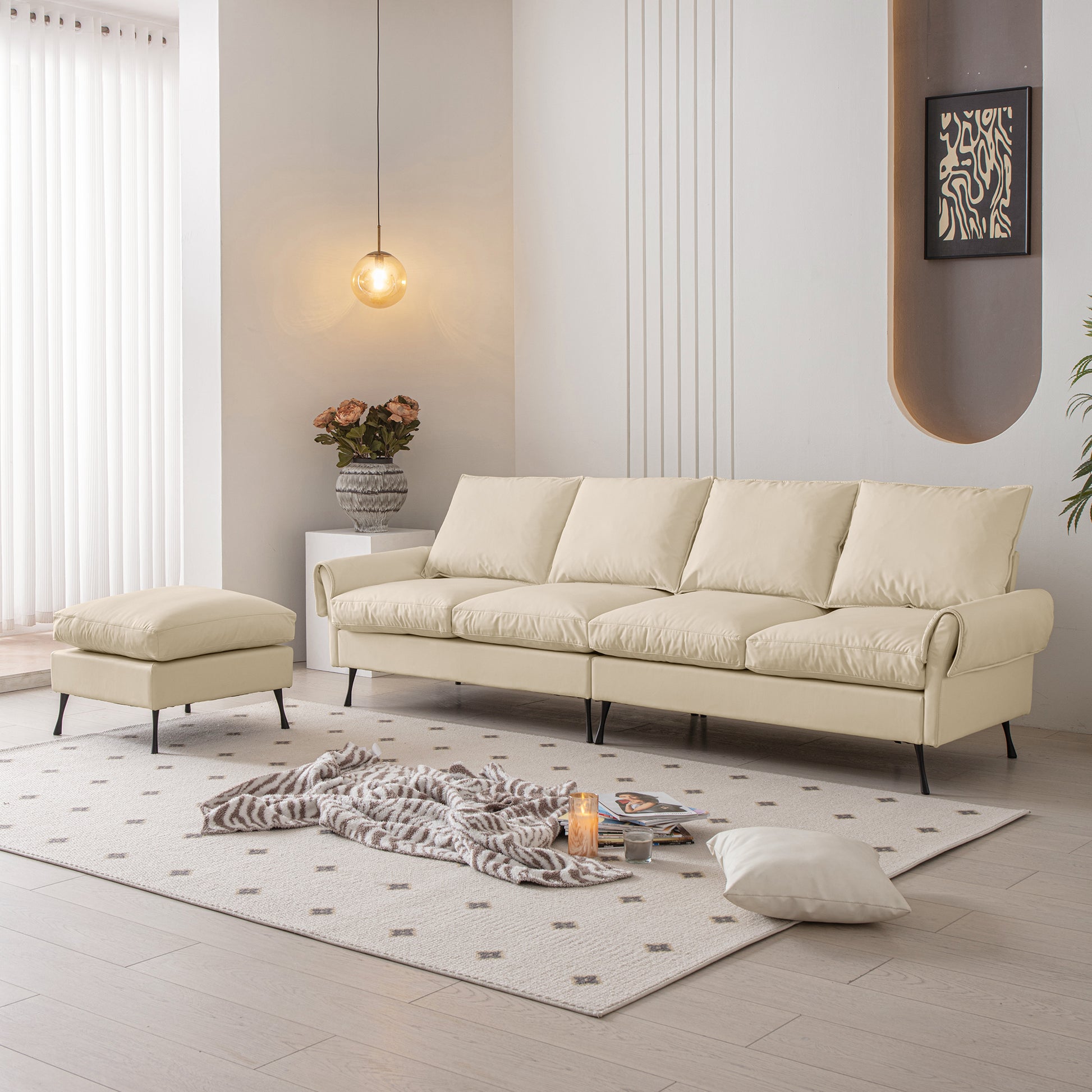 104.5"Modern Sectional Technical Leather L Shaped Sofa Couch With Convertible Ottoman Beige Foam Technical Leather