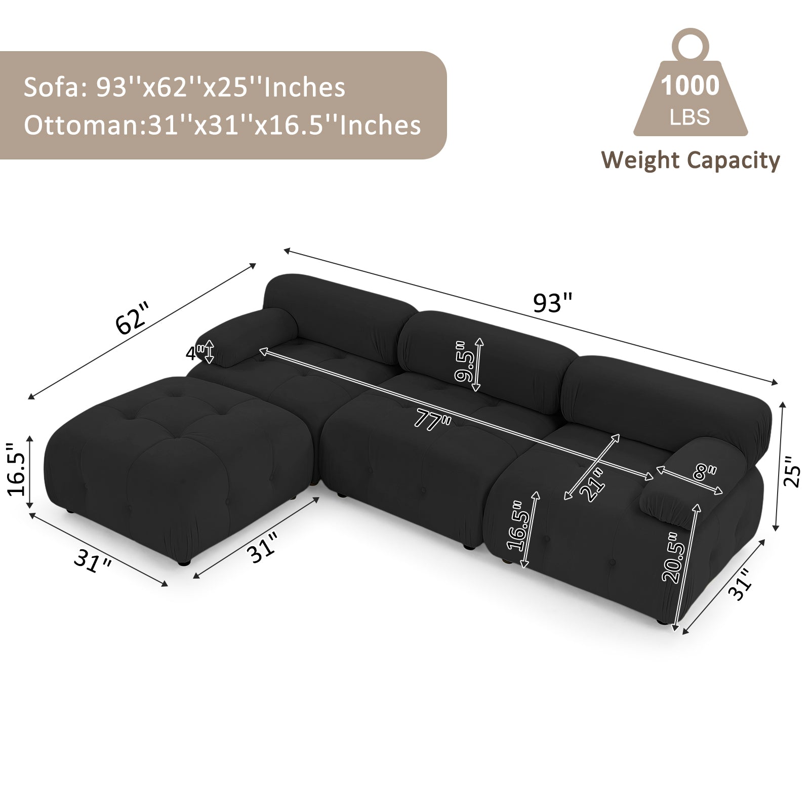Modular Sectional Sofa Couch, Modern L Shaped Cloud Couch With Reversible Ottoman Convertible Button Tufted Velvet Fabric Couches For Living Room, Diy Combination,Black Black Velvet 4 Seat