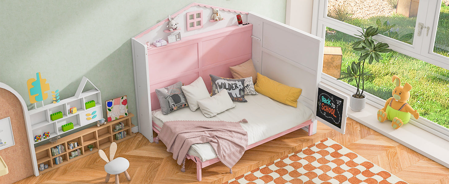 Wood Full Size House Murphy Bed With Usb, Storage Shelves And Blackboard, Pink White Box Spring Not Required Full Pink White Wood Bedroom Murphy Solid Wood Mdf