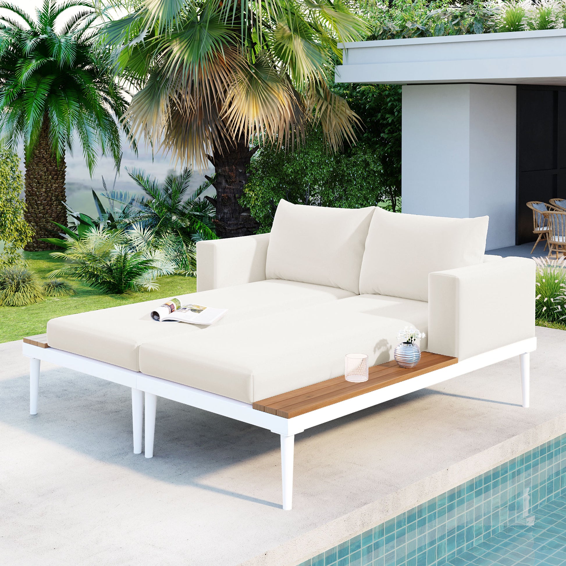 Modern Outdoor Daybed Patio Metal Daybed With Wood Topped Side Spaces For Drinks, 2 In 1 Padded Chaise Lounges For Poolside, Balcony, Deck, Beige Yes Lounge Beige Weather Resistant Frame Fade