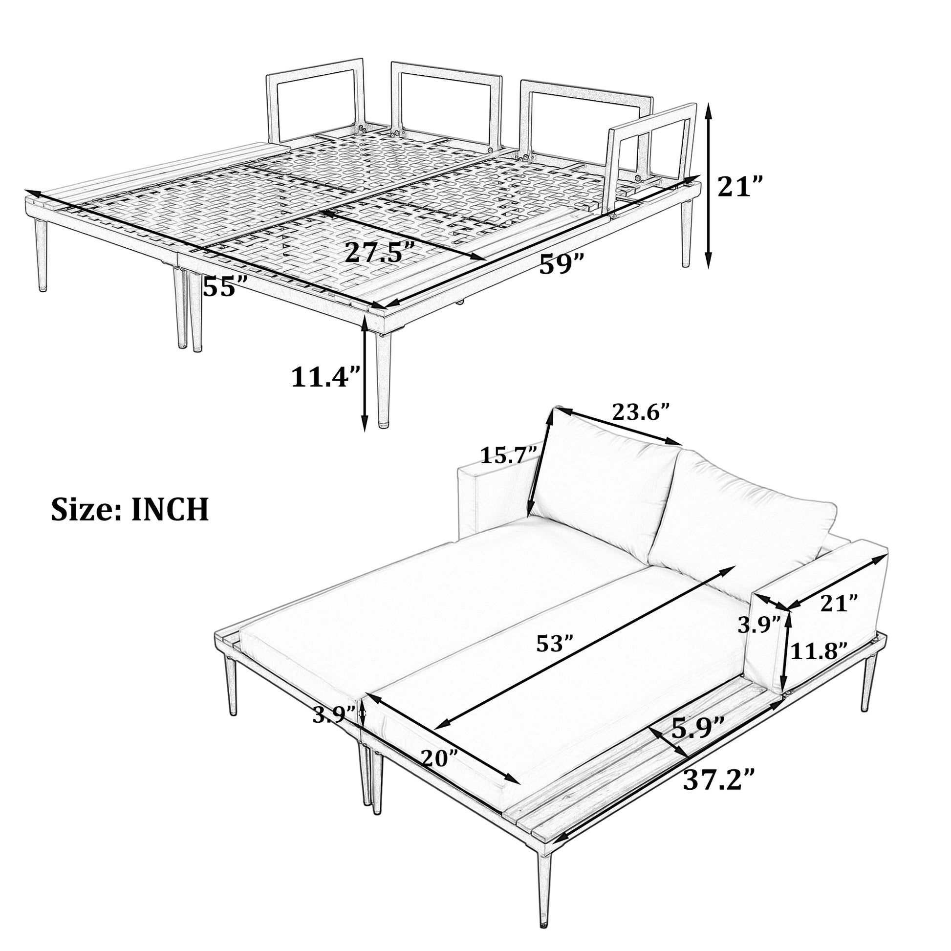 Modern Outdoor Daybed Patio Metal Daybed With Wood Topped Side Spaces For Drinks, 2 In 1 Padded Chaise Lounges For Poolside, Balcony, Deck, Gray Yes Lounge Gray Weather Resistant Frame Fade