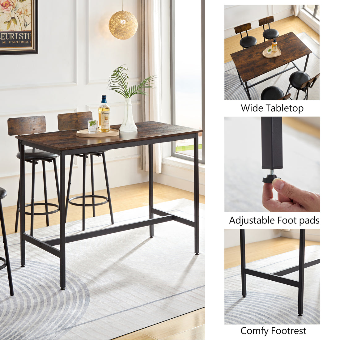 Bar Industrial Style Five Piece Set, Four Soft Bags With Backrest Bar Chairs, Industrial Style Iron Wood Table Set, Suitable For Kitchen, Restaurant, Bar. Antique Brown European,Industrial,Mid Century Modern,Minimalist Particle Board Particle Board