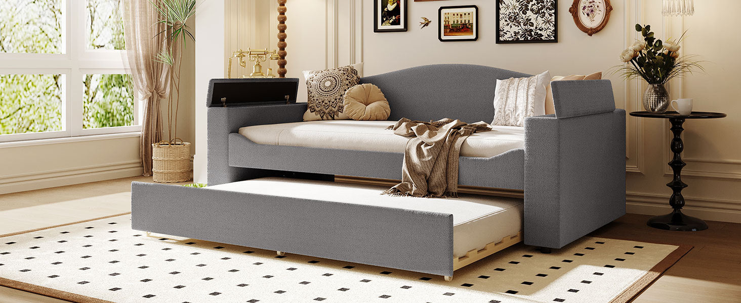 Twin Size Upholstered Daybed With Storage Armrests, Trundle And Latest Integrated Bluetooth Audio System, Teddy Fleece, Gray Gray Fleece