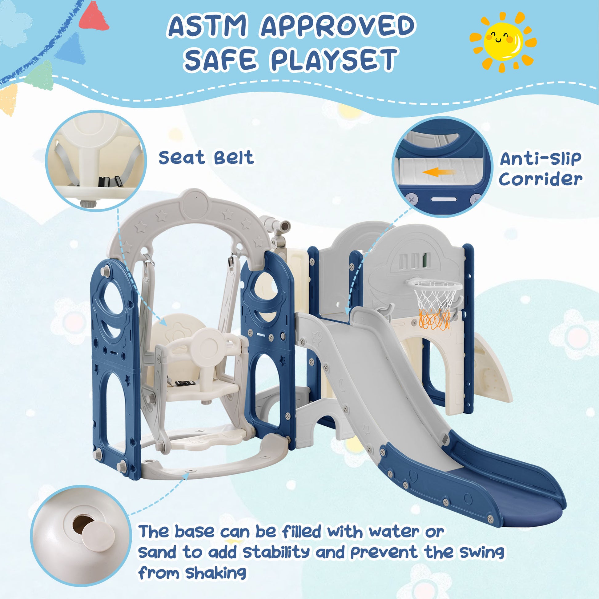 Toddler Slide And Swing Set 8 In 1, Kids Playground Climber Slide Playset With Basketball Hoop Freestanding Combination For Babies Indoor & Outdoor Grey Blue Hdpe Indoor & Outdoor Use