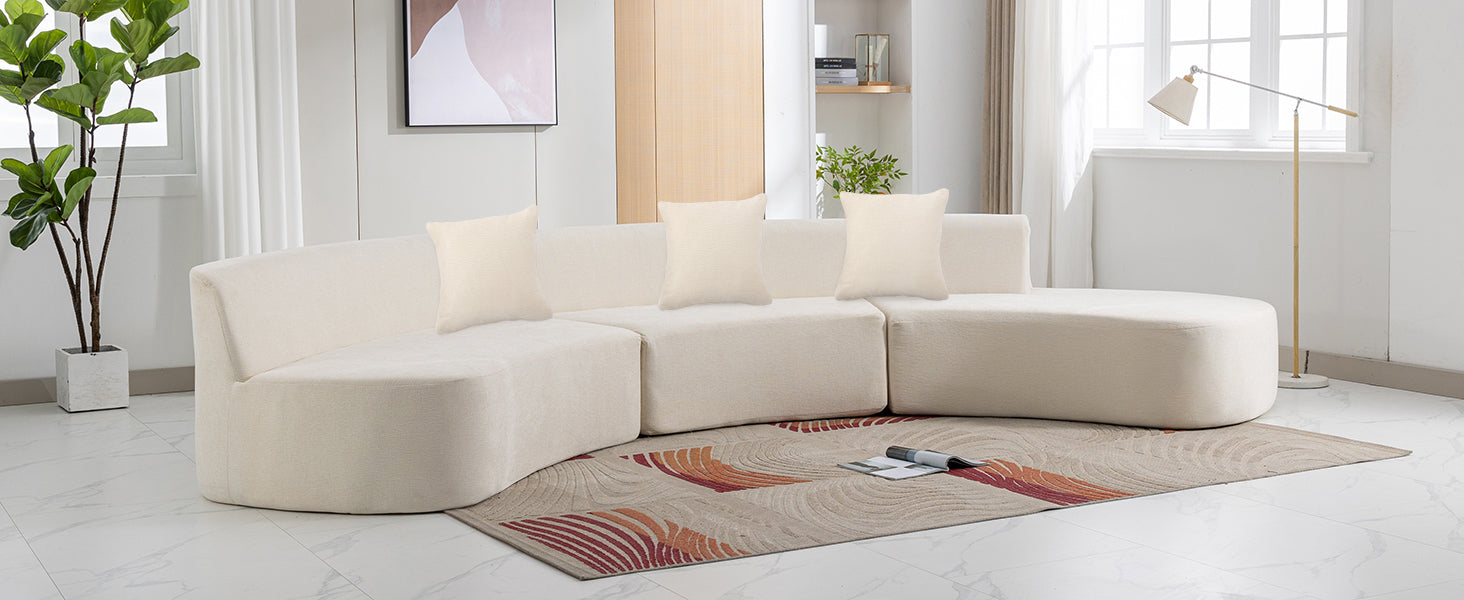 136.6" Stylish Curved Sofa Sectional Sofa Chenille Fabric Sofa Couch With Three Throw Pillows For Living Room, Beige Beige Foam Chenille 6 Seat