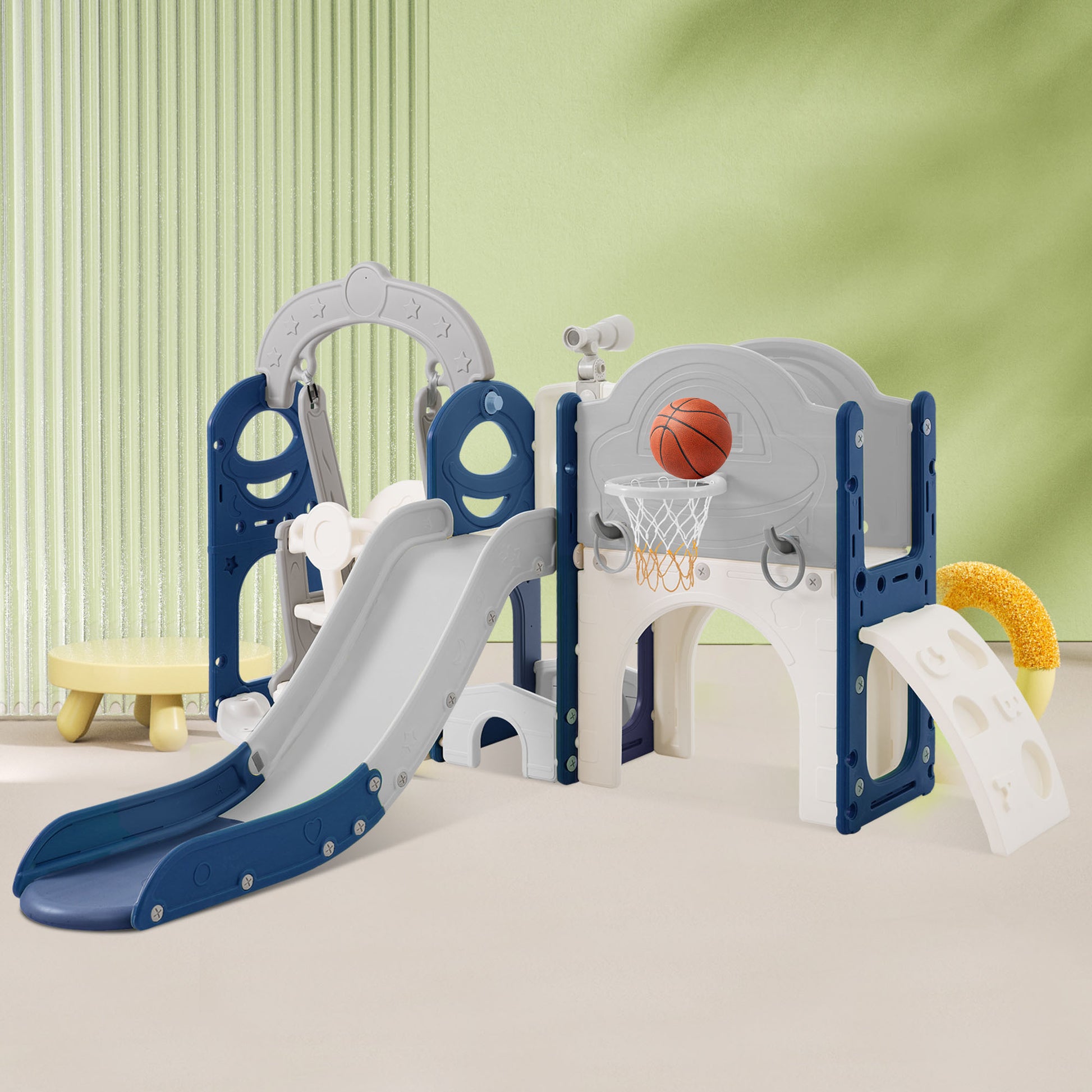 Toddler Slide And Swing Set 8 In 1, Kids Playground Climber Slide Playset With Basketball Hoop Freestanding Combination For Babies Indoor & Outdoor Grey Blue Hdpe Indoor & Outdoor Use