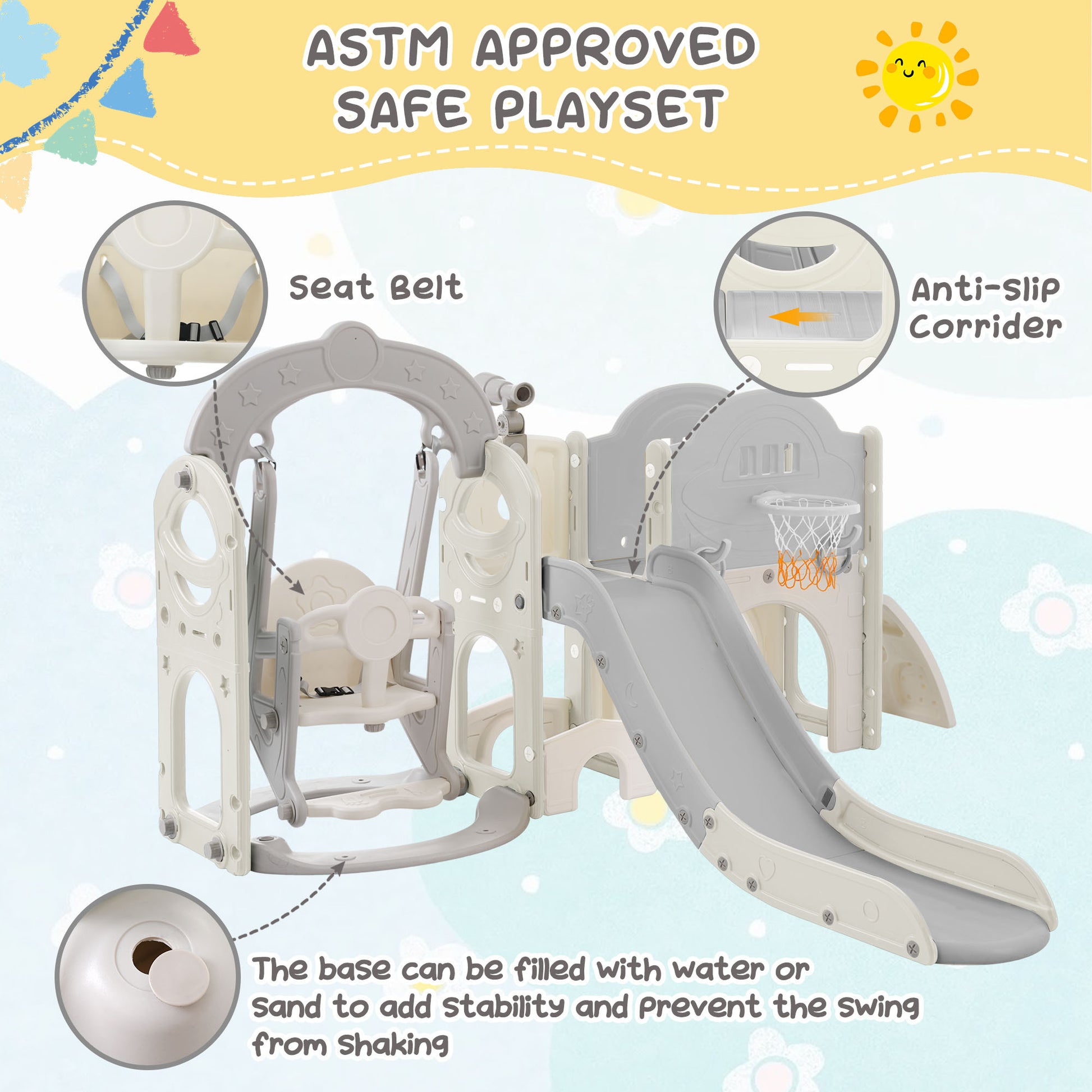 Toddler Slide And Swing Set 7 In 1, Kids Playground Climber Slide Playset With Basketball Hoop Freestanding Combination For Babies Indoor & Outdoor Grey White Hdpe Indoor & Outdoor Use