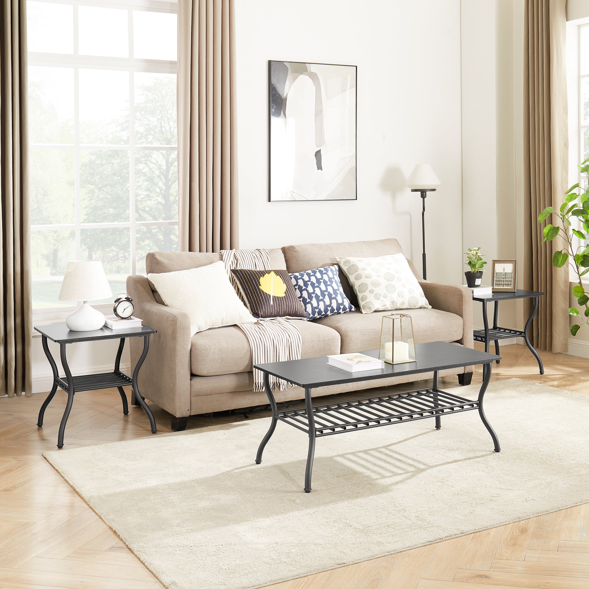 Modern Style 3 Piece Coffee Table Set Rectangle Coffee Table With 2 Square End Side Table Retro Design Coffee Table With Sturdy Base For Living Room Decor Black Black Primary Living Space American Design,Retro Rectangular Coffee & End Tables Metal & Wood