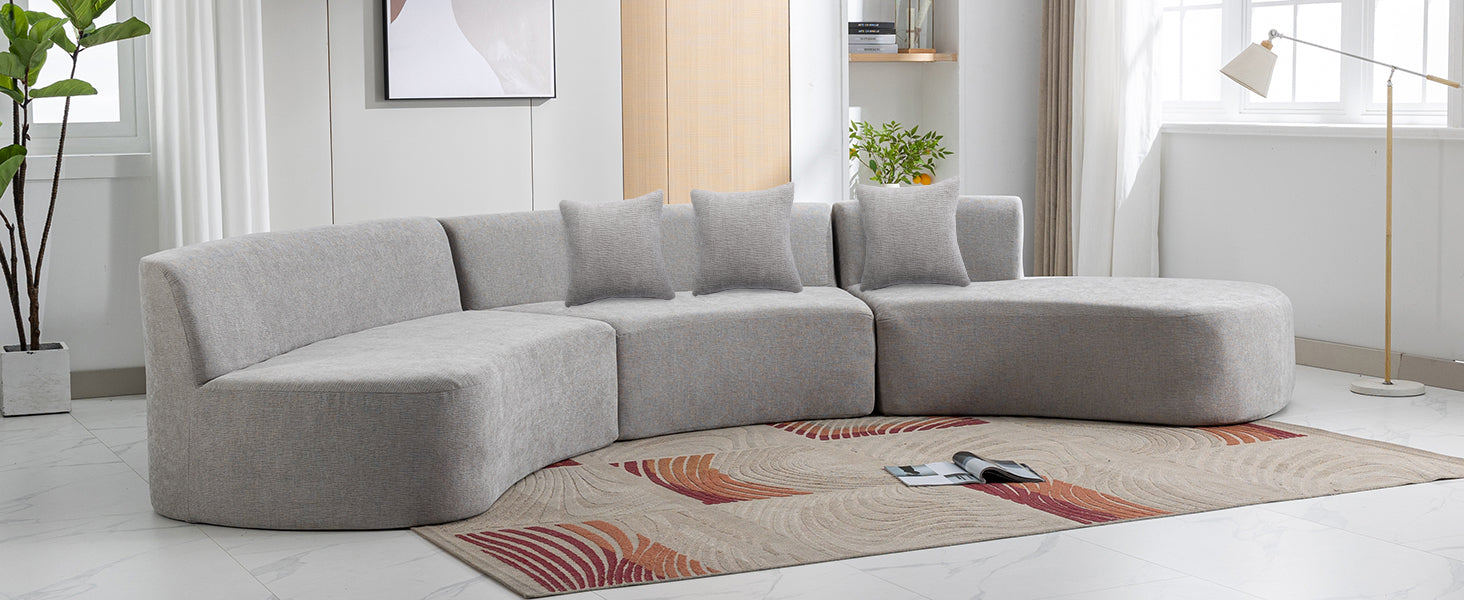 136.6" Stylish Curved Sofa Sectional Sofa Chenille Fabric Sofa Couch With Three Throw Pillows For Living Room, Grey Grey Foam Chenille