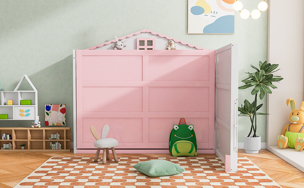 Wood Full Size House Murphy Bed With Usb, Storage Shelves And Blackboard, Pink White Box Spring Not Required Full Pink White Wood Bedroom Murphy Solid Wood Mdf