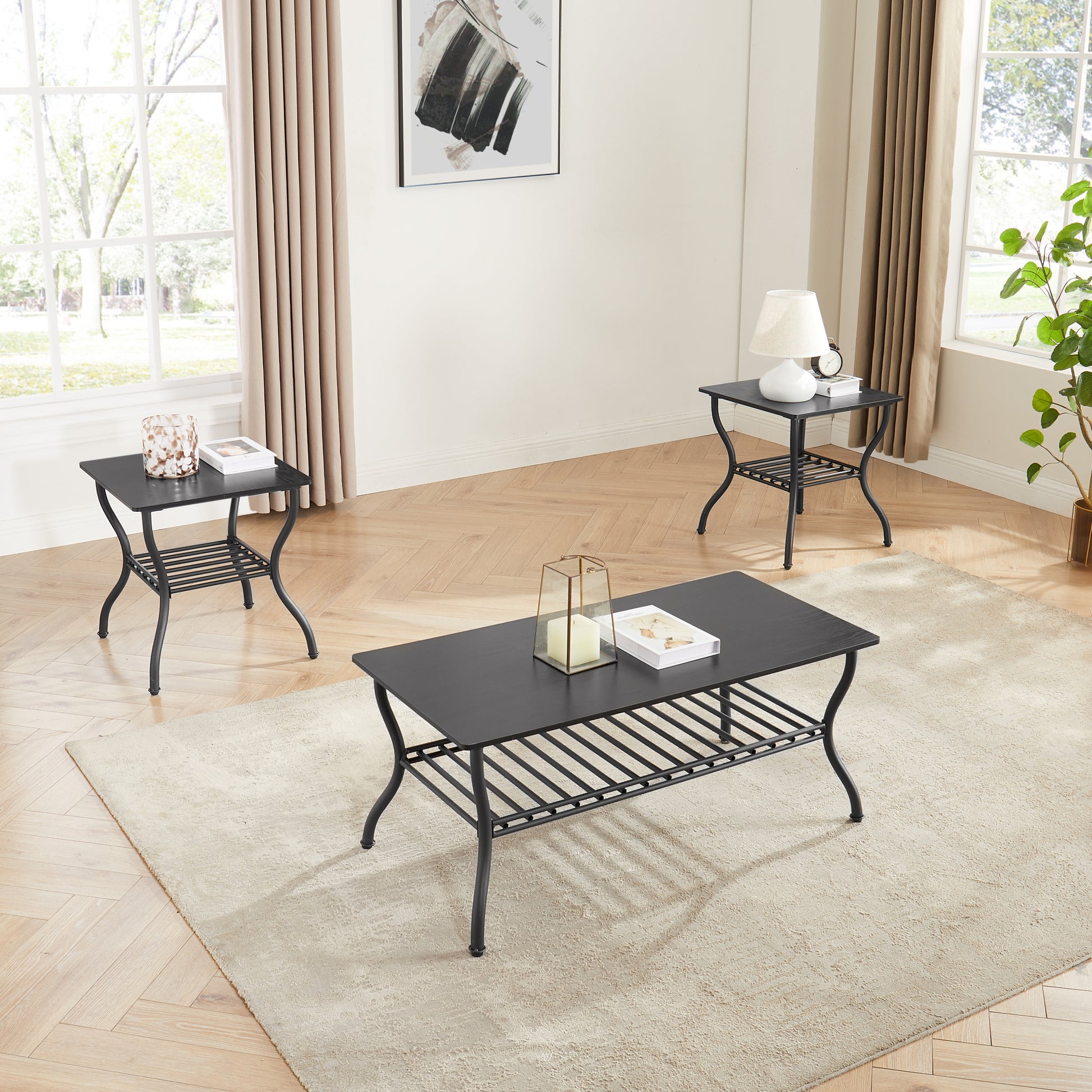Modern Style 3 Piece Coffee Table Set Rectangle Coffee Table With 2 Square End Side Table Retro Design Coffee Table With Sturdy Base For Living Room Decor Black Black Primary Living Space American Design,Retro Rectangular Coffee & End Tables Metal & Wood
