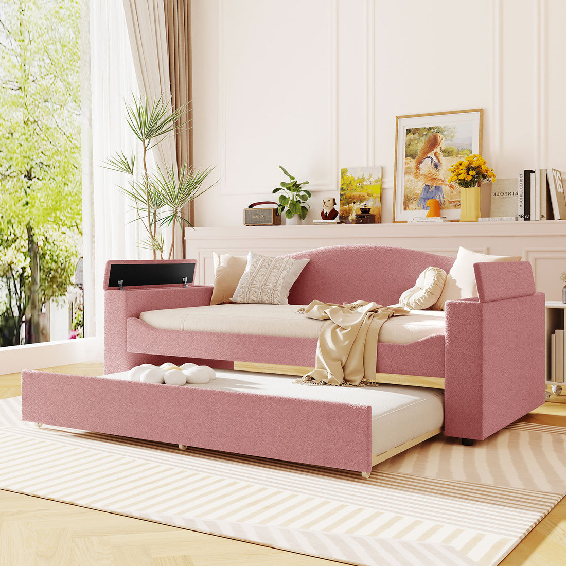 Twin Size Upholstered Daybed With Storage Armrests, Trundle And Latest Integrated Bluetooth Audio System, Teddy Fleece, Pink Pink Fleece