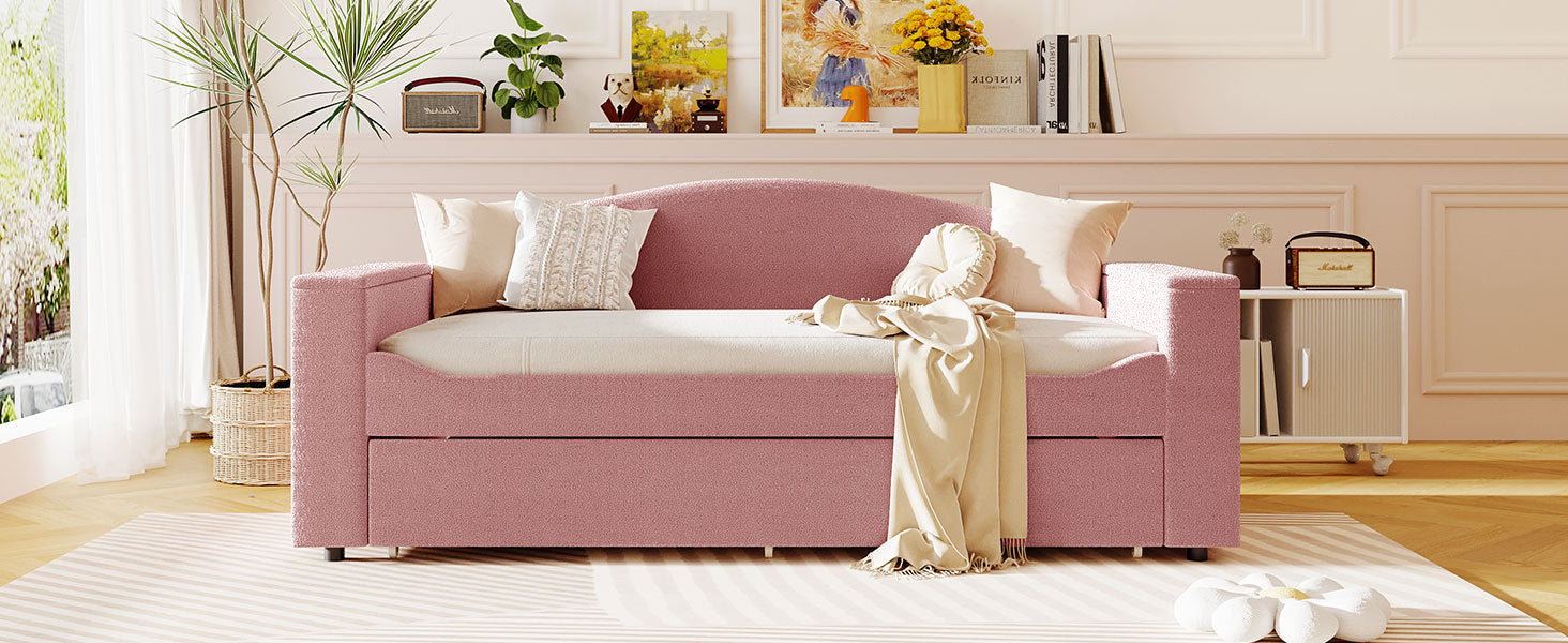 Twin Size Upholstered Daybed With Storage Armrests, Trundle And Latest Integrated Bluetooth Audio System, Teddy Fleece, Pink Pink Fleece