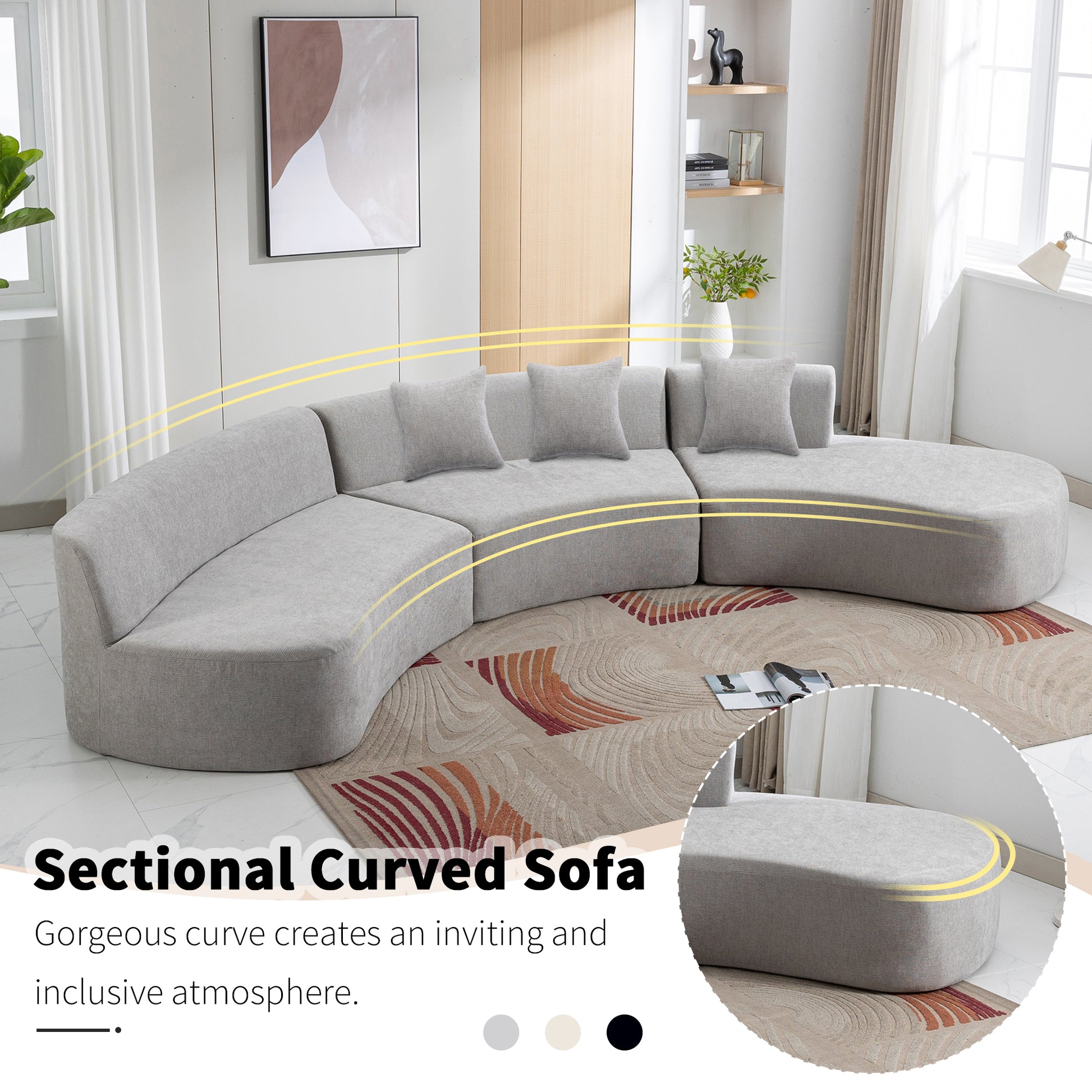 136.6" Stylish Curved Sofa Sectional Sofa Chenille Fabric Sofa Couch With Three Throw Pillows For Living Room, Grey Grey Foam Chenille