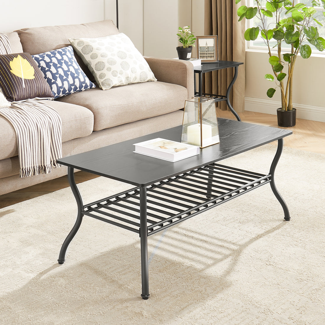 Modern Style 3 Piece Coffee Table Set Rectangle Coffee Table With 2 Square End Side Table Retro Design Coffee Table With Sturdy Base For Living Room Decor Black Black Primary Living Space American Design,Retro Rectangular Coffee & End Tables Metal & Wood