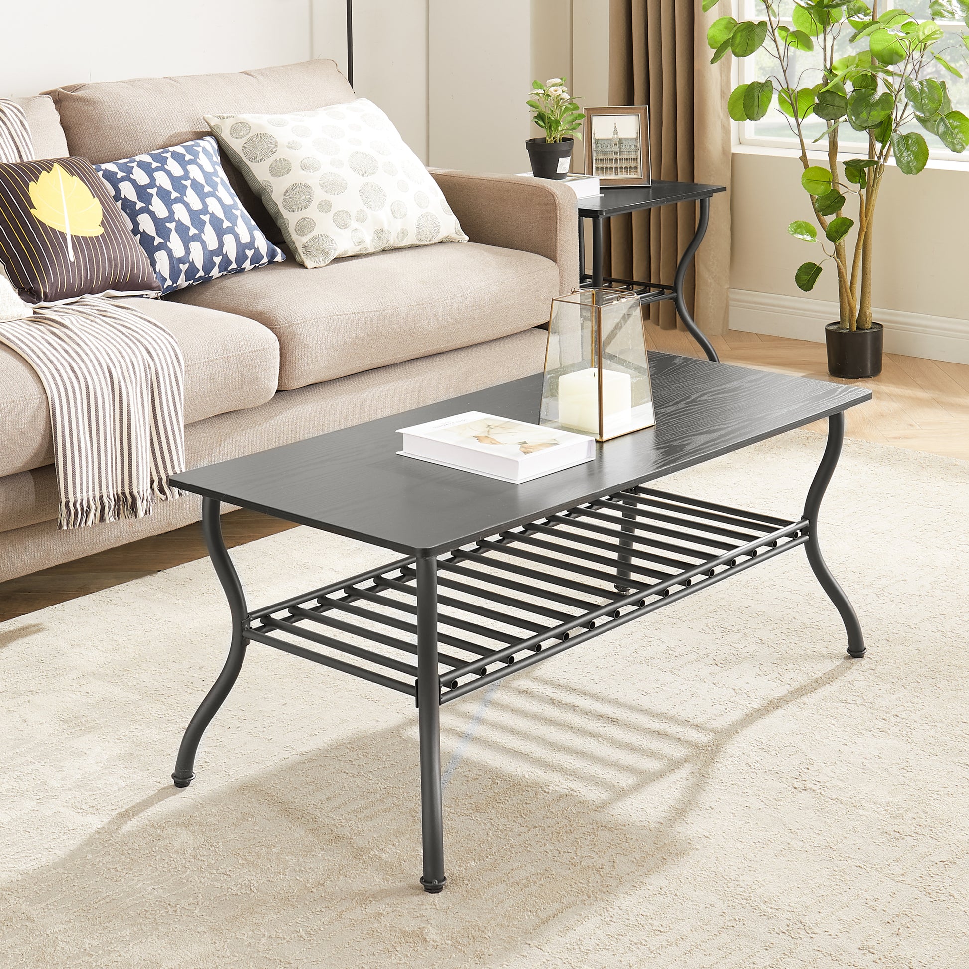 Modern Style 3 Piece Coffee Table Set Rectangle Coffee Table With 2 Square End Side Table Retro Design Coffee Table With Sturdy Base For Living Room Decor Black Black Primary Living Space American Design,Retro Rectangular Coffee & End Tables Metal & Wood