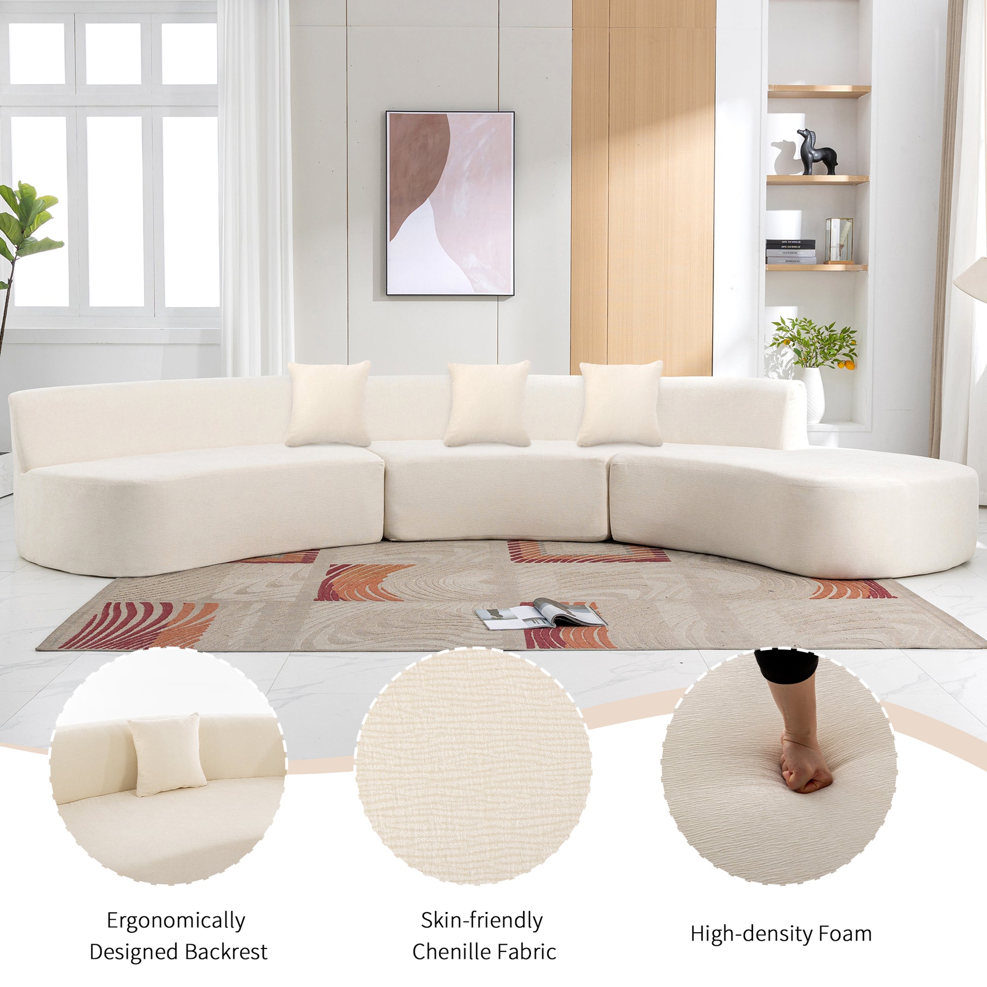 136.6" Stylish Curved Sofa Sectional Sofa Chenille Fabric Sofa Couch With Three Throw Pillows For Living Room, Beige Beige Foam Chenille 6 Seat