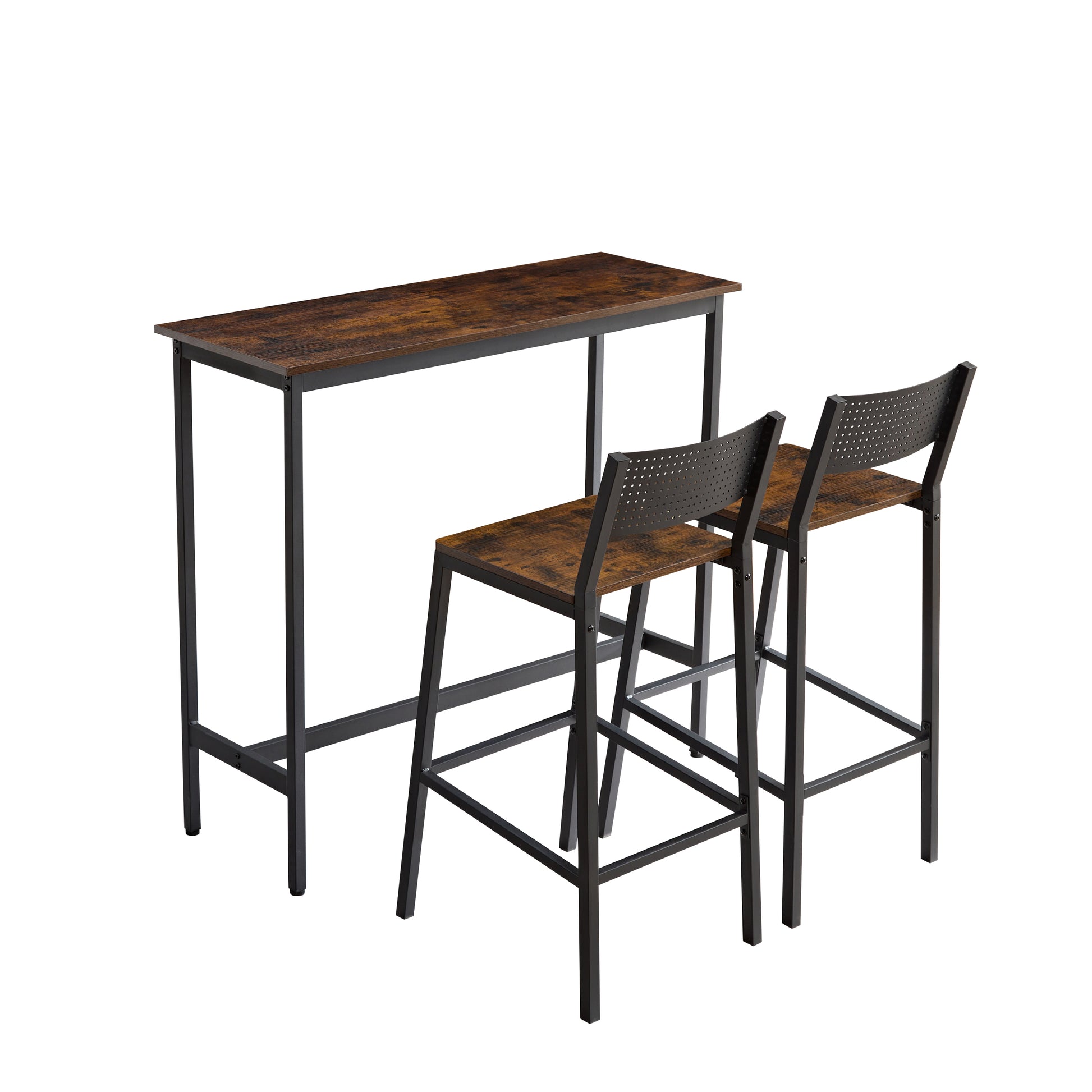 Bar Stool And Bar Three Piece Set, Industrial Style Bar Stool With Backrest, Iron Wood Structure Furniture, Suitable For Bars, Kitchens, Restaurants. Antique Brown Dining Room Antique,European,Industrial,Mid Century Modern,Minimalist Particle Board