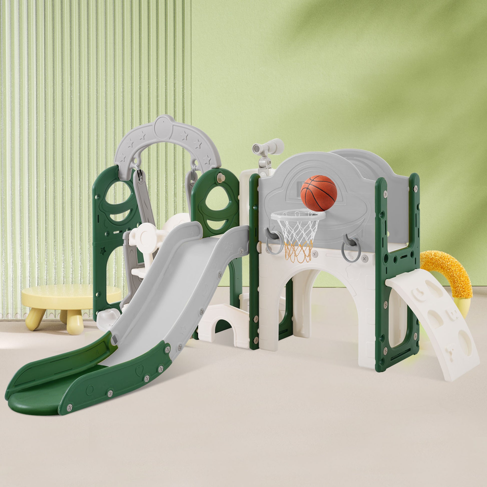 Toddler Slide And Swing Set 8 In 1, Kids Playground Climber Slide Playset With Basketball Hoop Freestanding Combination For Babies Indoor & Outdoor Green Hdpe Indoor & Outdoor Use