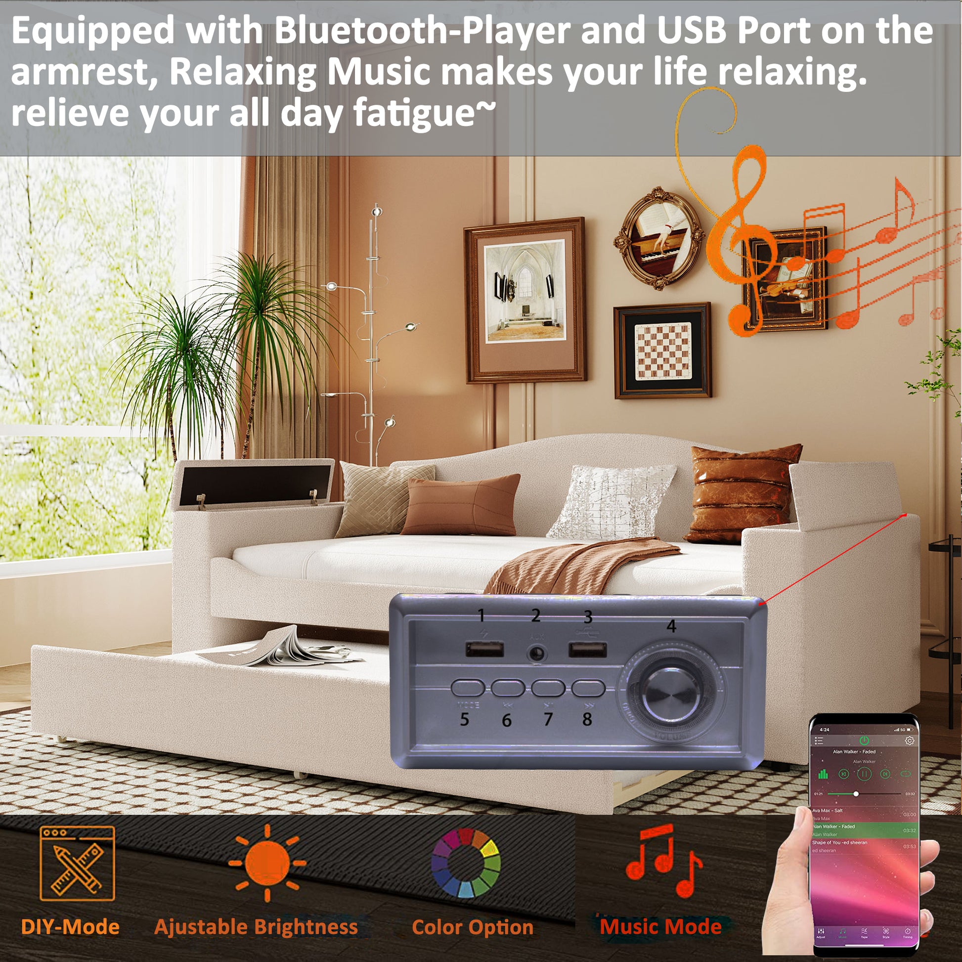 Twin Size Upholstered Daybed With Storage Armrests, Trundle And Latest Integrated Bluetooth Audio System, Teddy Fleece, Beige Beige Fleece