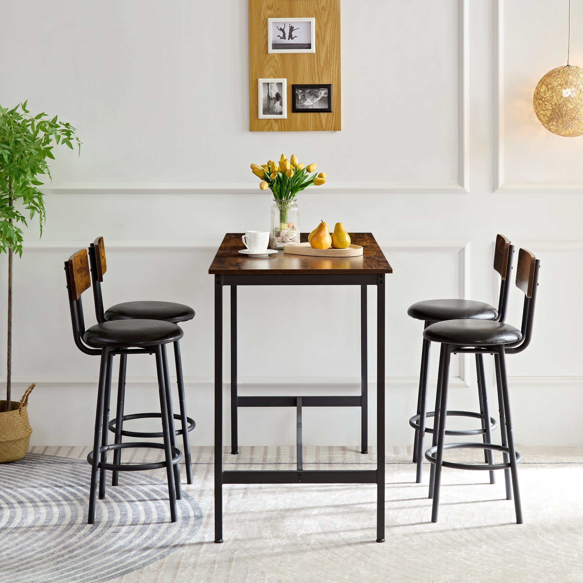 Bar Industrial Style Five Piece Set, Four Soft Bags With Backrest Bar Chairs, Industrial Style Iron Wood Table Set, Suitable For Kitchen, Restaurant, Bar. Antique Brown European,Industrial,Mid Century Modern,Minimalist Particle Board Particle Board