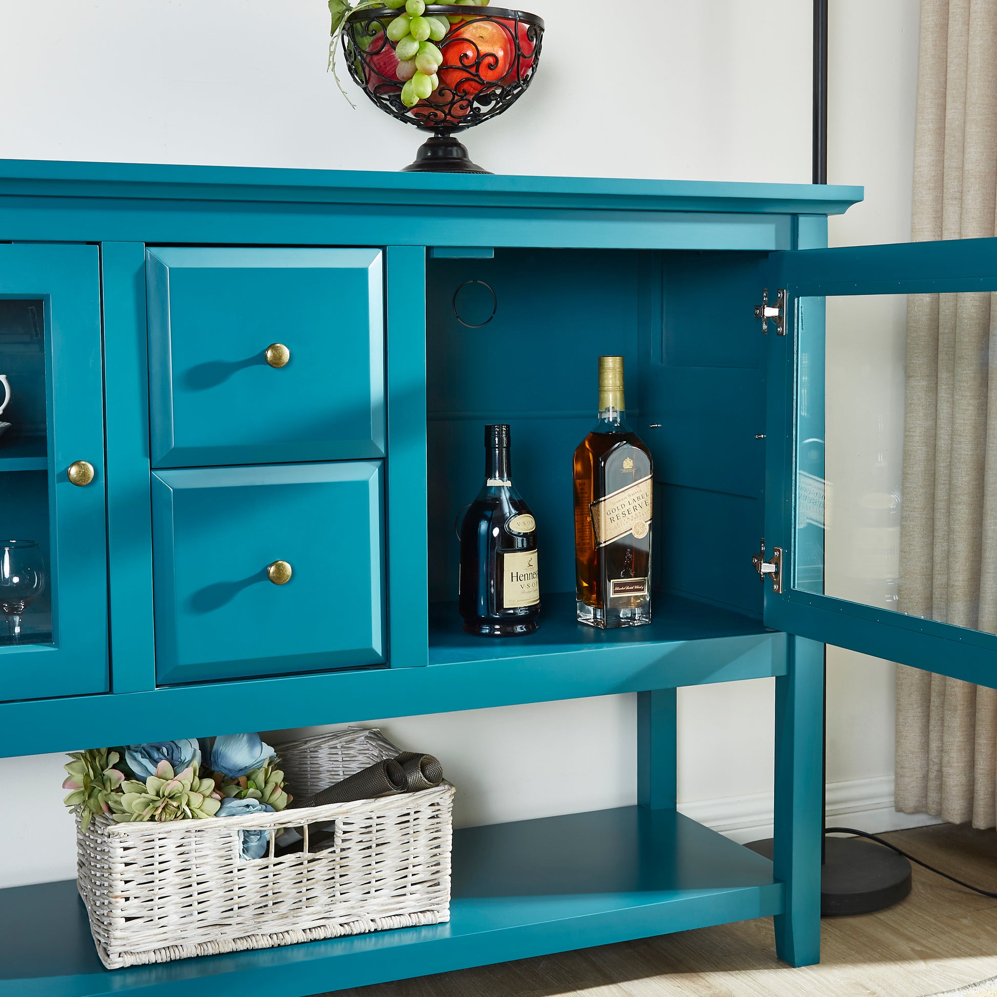 52" Modern Sideboard Storage With Adjustable Shelves, Sideboard Buffet Cabinet With 2 Doors, Credenzas For Dining Room, Living Room, Entryway Teal Dining Room Adjustabel Shelves Mdf Glass