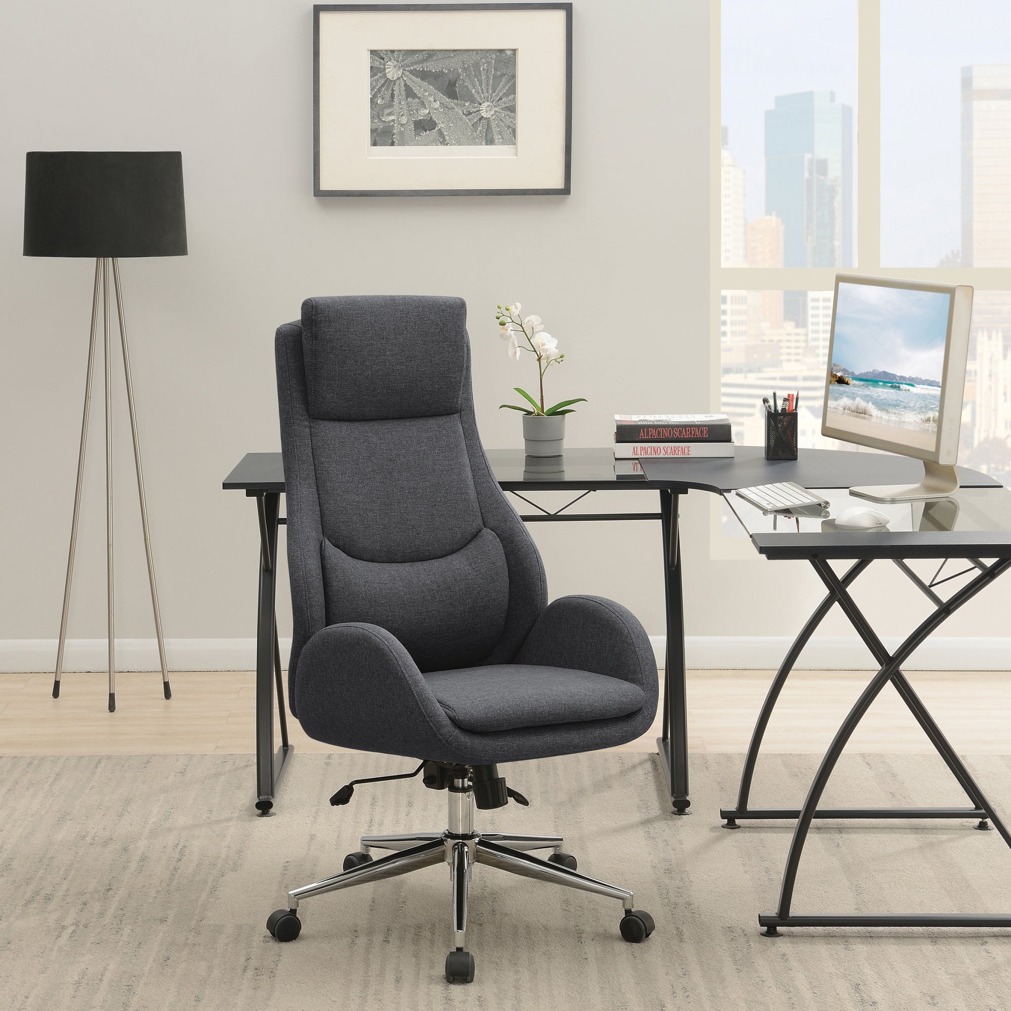 Chrome And Grey Adjustable Desk Chair Solid Grey Office Foam Spot Clean Contemporary,Modern Office Chairs Solid Back Foam Casters Upholstered