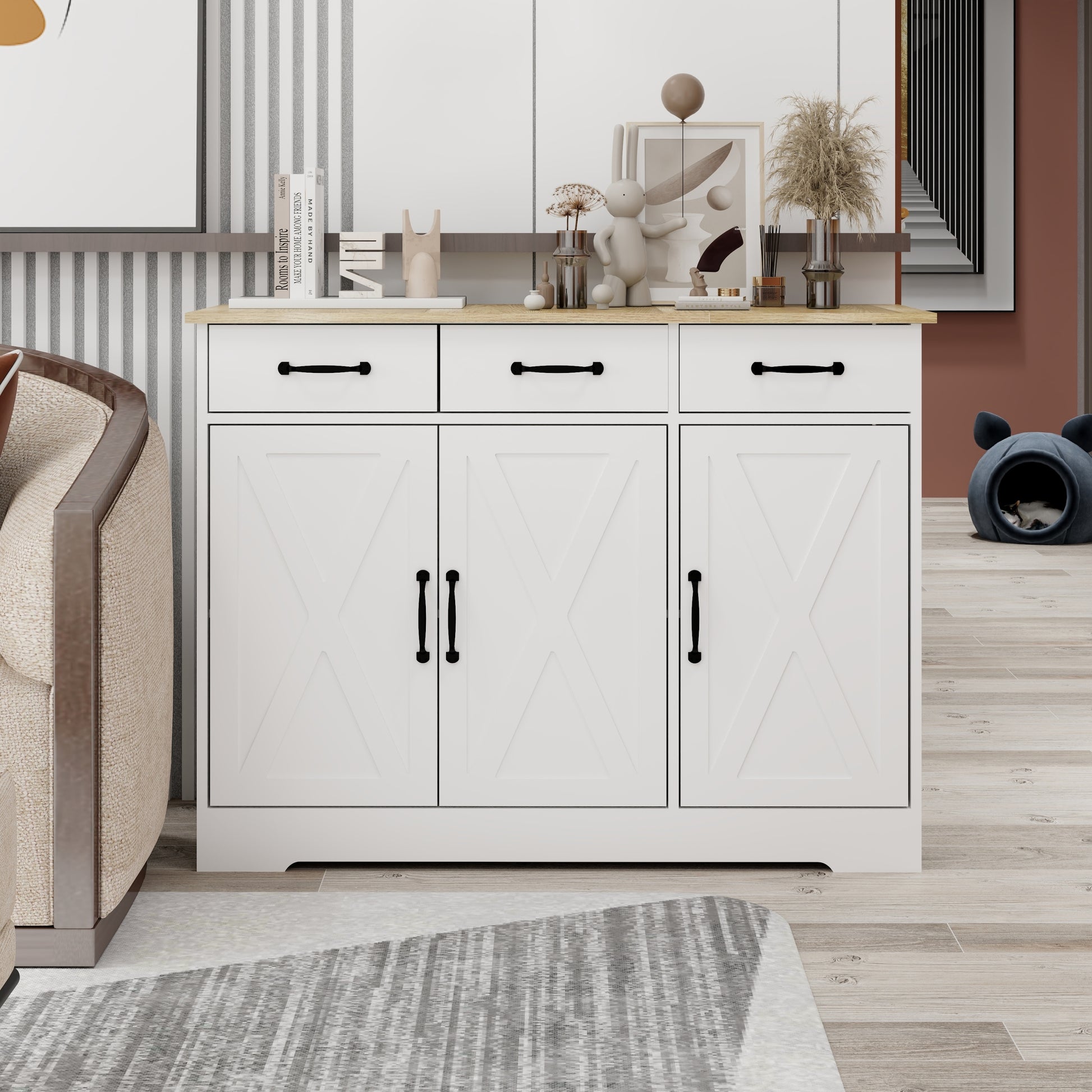 Farmhouse Buffet Cabinet Storage Sideboard With 3 Drawers And 3 Doors For Dining Living Room Kitchen Cupboard White White Mdf