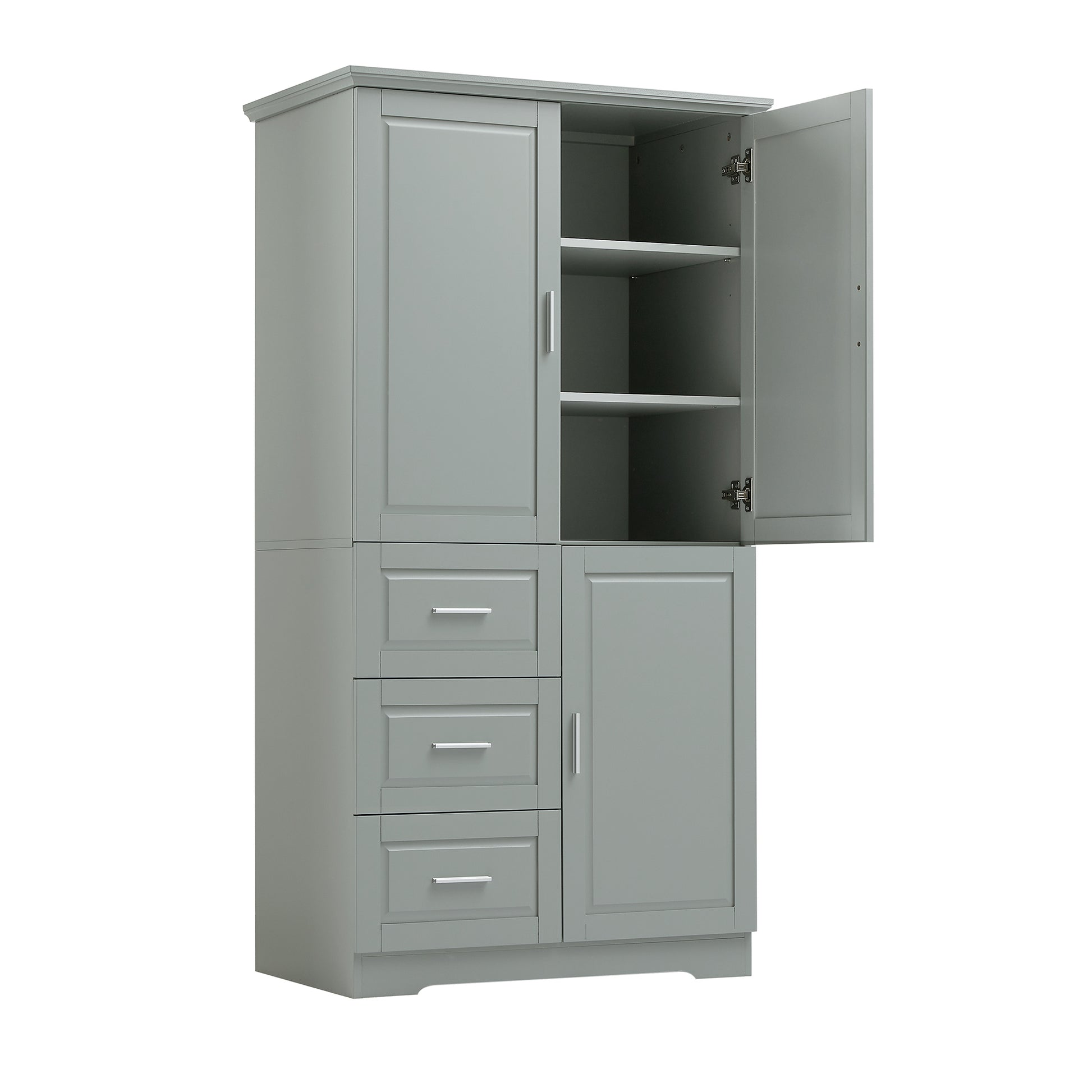 Tall And Wide Storage Cabinet With Doors For Bathroom Office, Three Drawers, Grey Grey Mdf