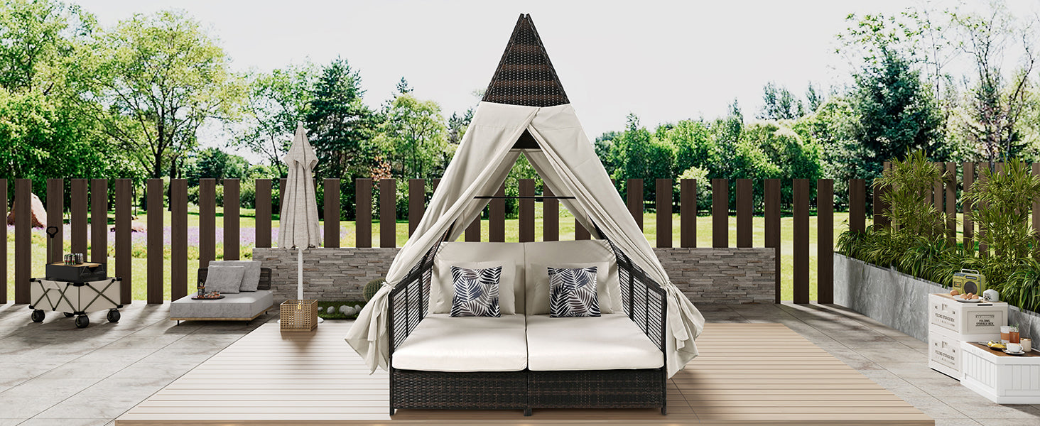 Outdoor Daybed Patio Lounge Bed With Adjustable Backrest Outdoor Double Sun Lounger With Curtains, 4 Pillows For Garden Patio Poolside Balcony Beach, Beige Yes Beige Water Resistant Frame Water Resistant Cushion Garden & Outdoor Sectional Seating Groups